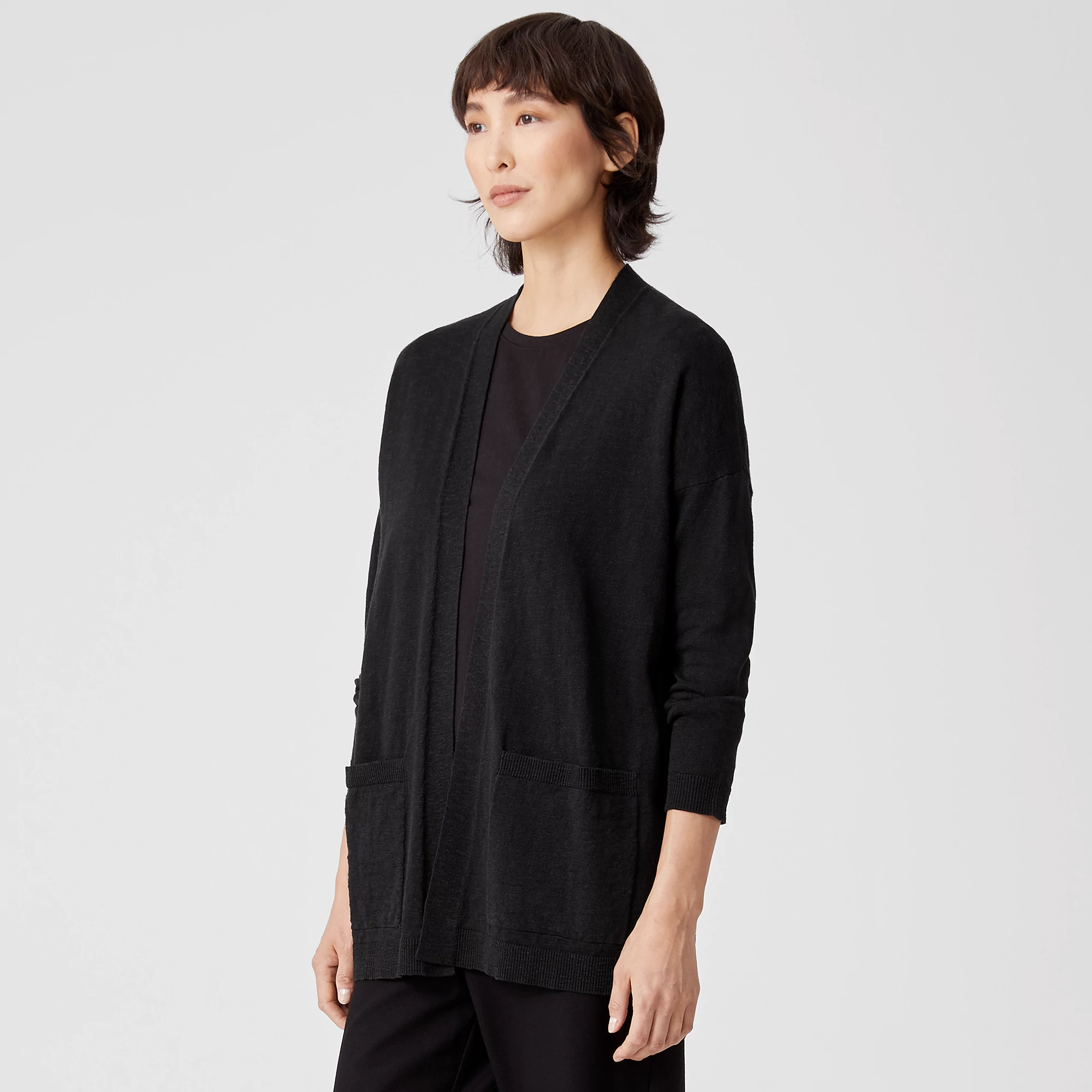 Organic Cotton Linen Slub High Collar Cardigan | EILEEN FISHER