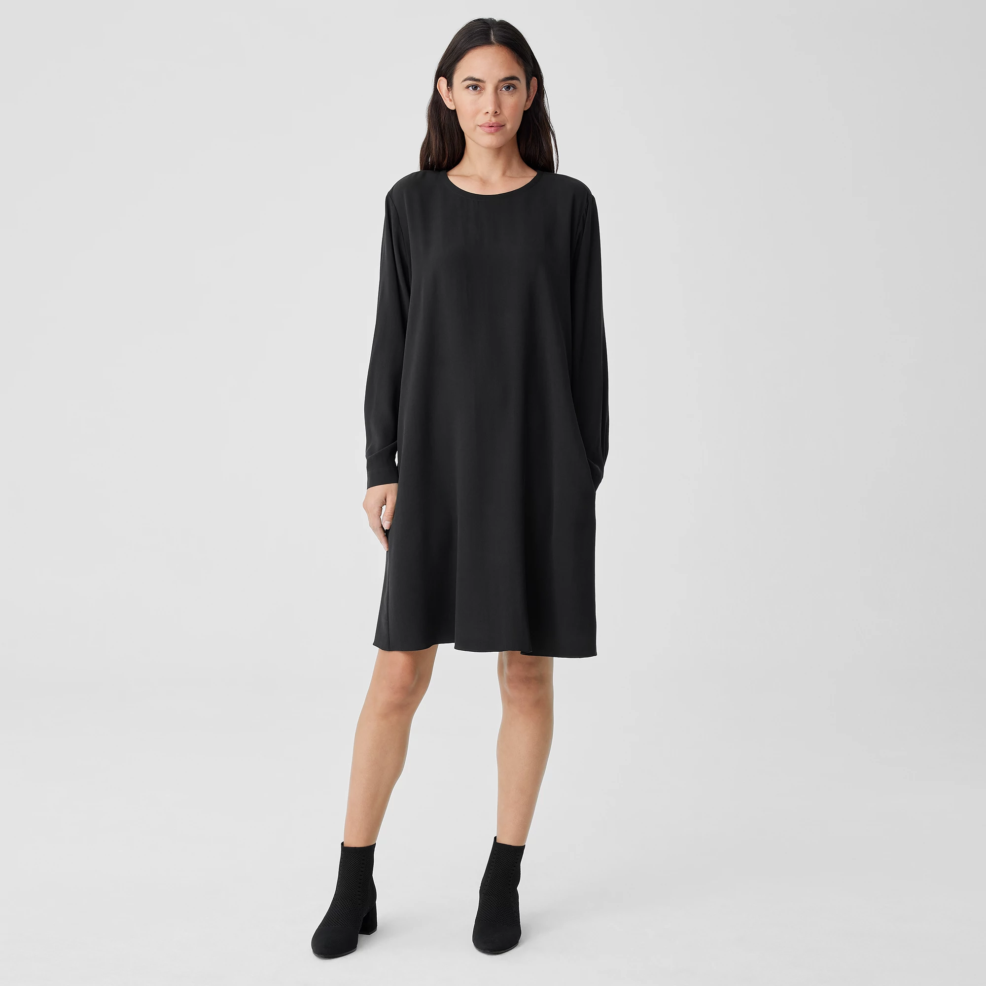 Silk Georgette Crepe Crew Neck Dress | EILEEN FISHER