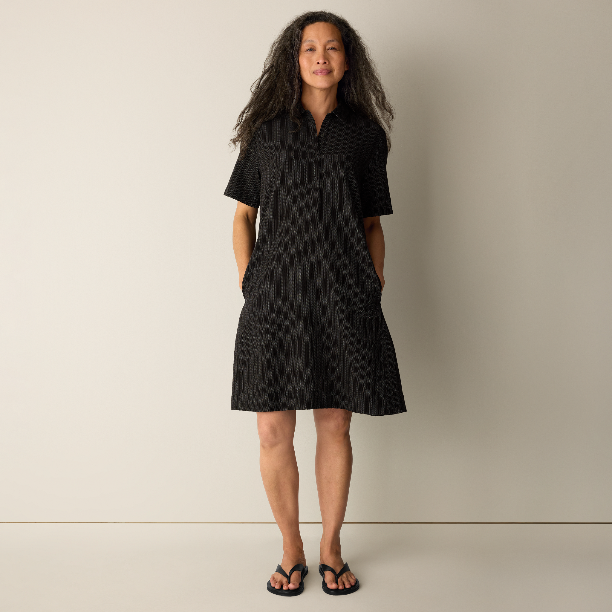 Cotton Blend Stripe Stitch Classic Collar Dress | EILEEN FISHER