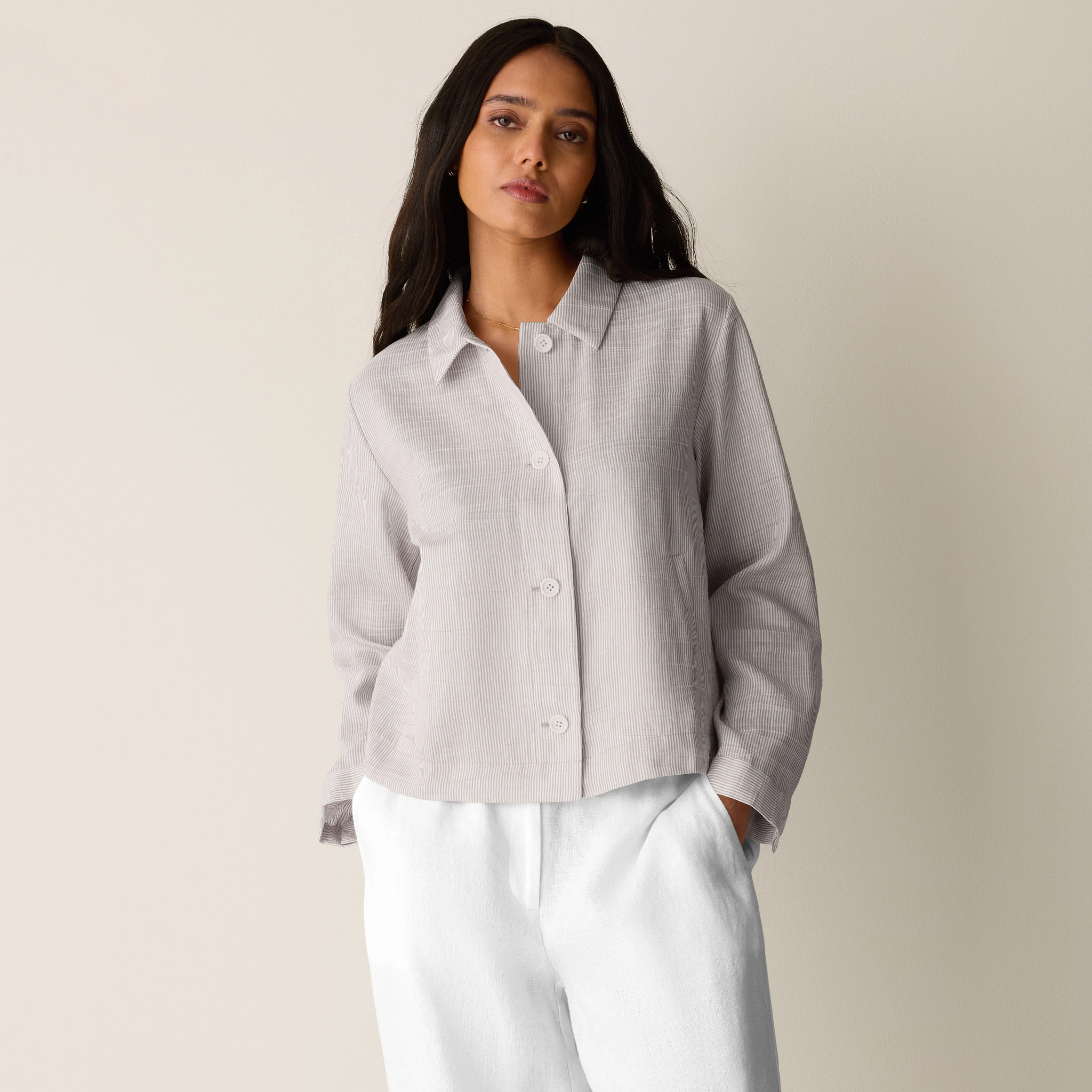 Striped Linen Sheen Classic Collar Jacket from EILEEN FISHER - $248