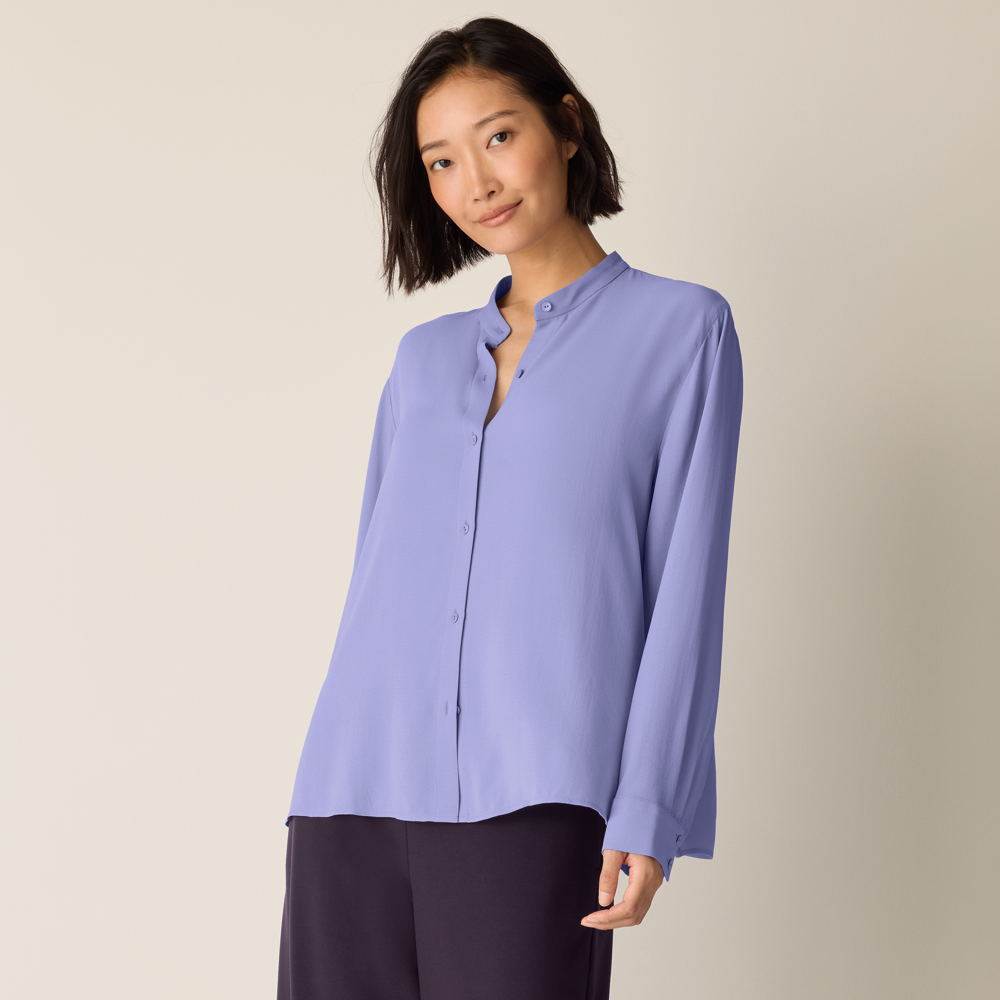 Silk Georgette Crepe Band Collar Top