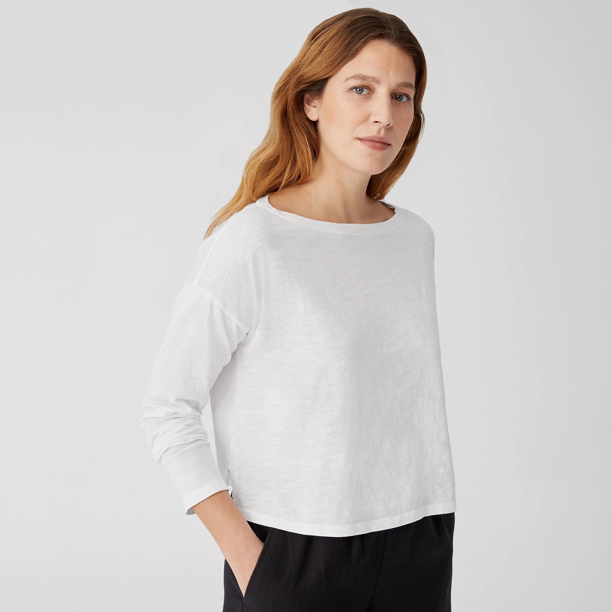 Eileen Fisher  Striped Organic Cotton Slub Crew Neck Short Sleeve Box Top レ Women's Eileen Fisher Striped Organic Cotton Slub Crew Neck