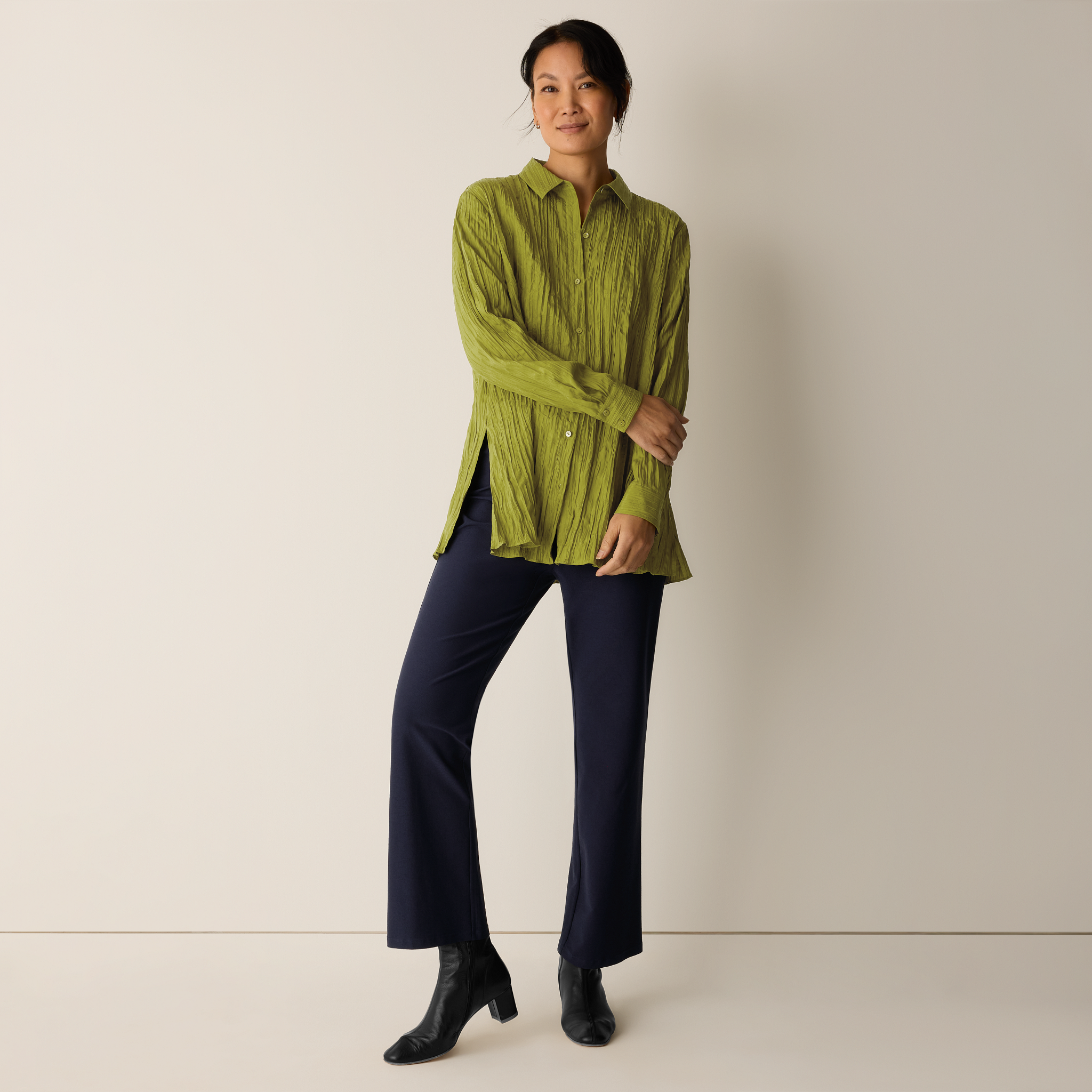 Crinkle Silk Habutai Classic Collar Shirt