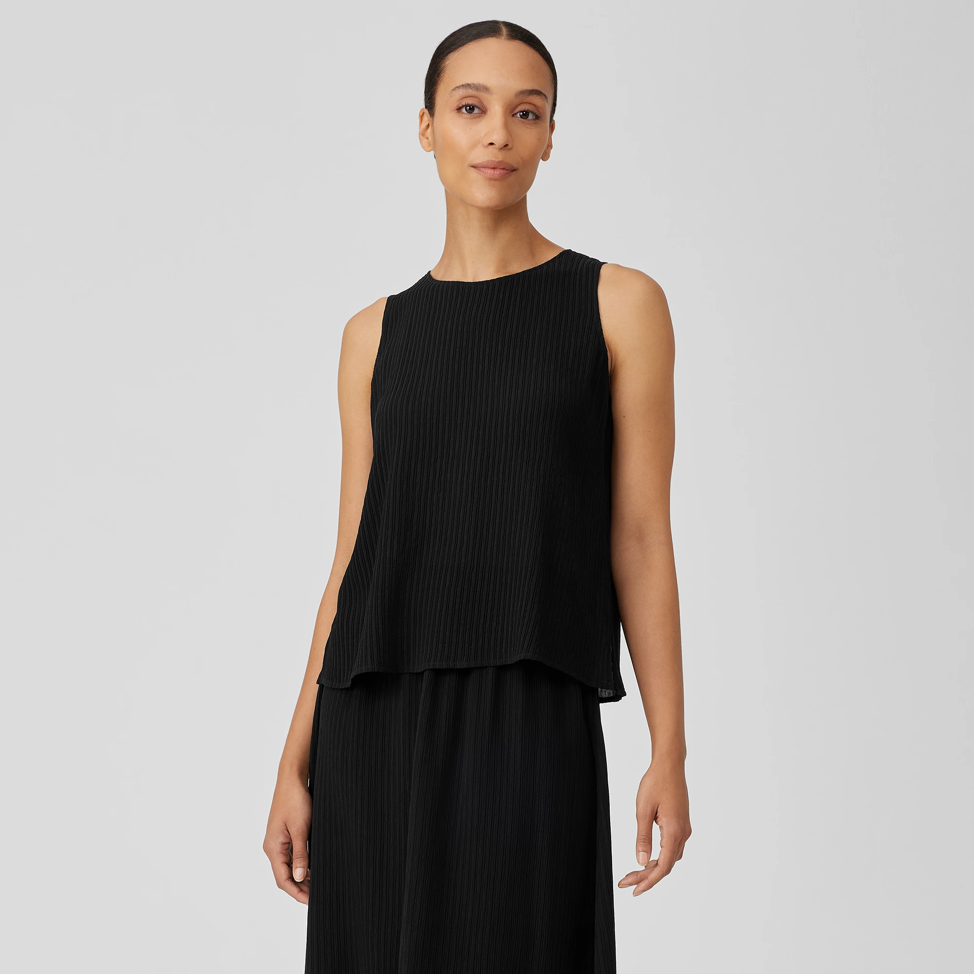 EILEEN FISHER Womens Navy Textured Unlined Sheer Zippered Sleeveless Square Neck Tank Top main image 0