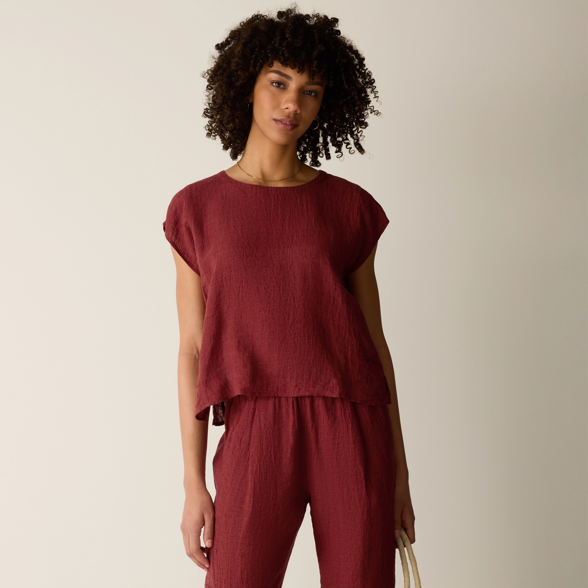 Puckered Organic Linen Stripe Square Top from EILEEN FISHER - $158