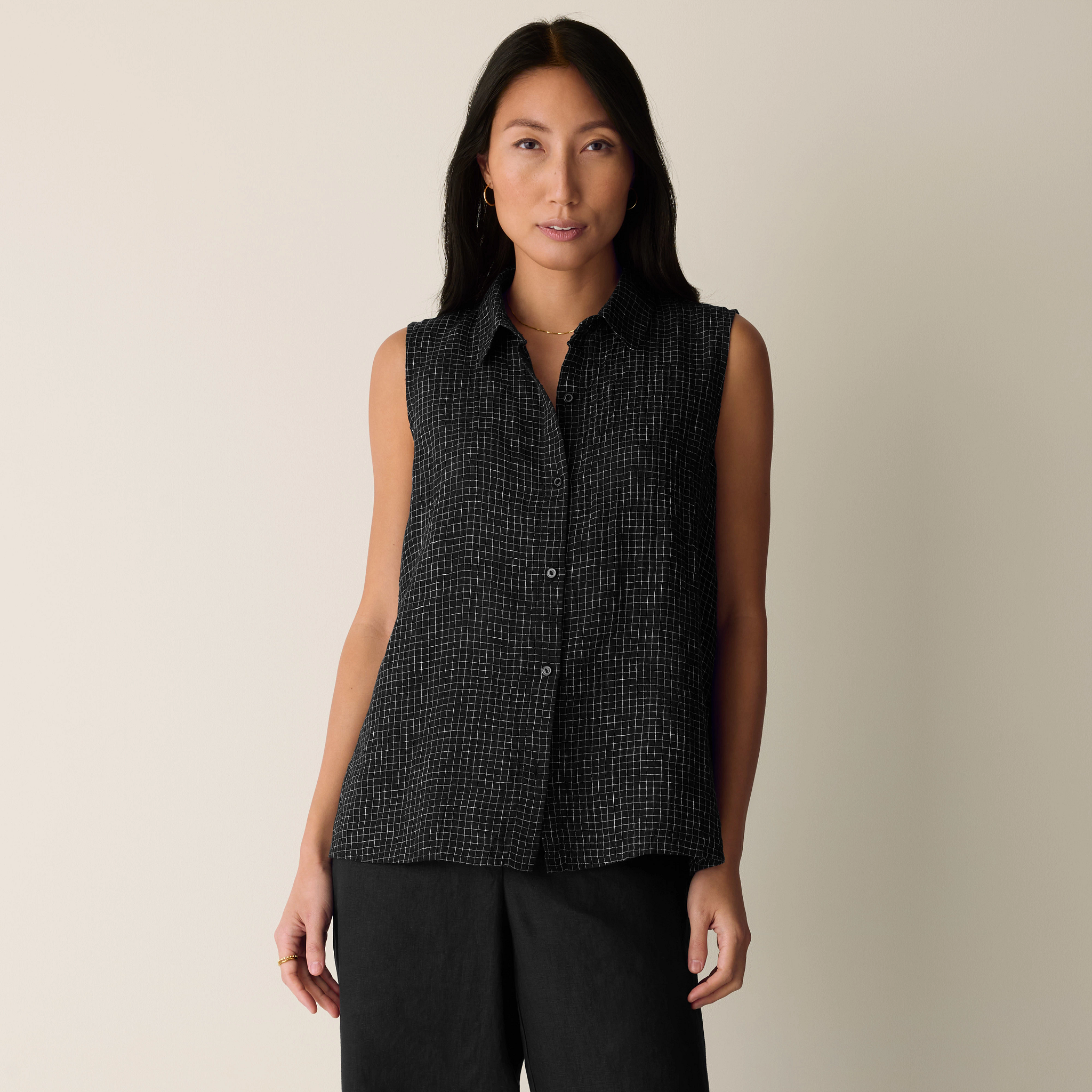 Puckered Organic Linen Grid Sleeveless Shirt from EILEEN FISHER - $148