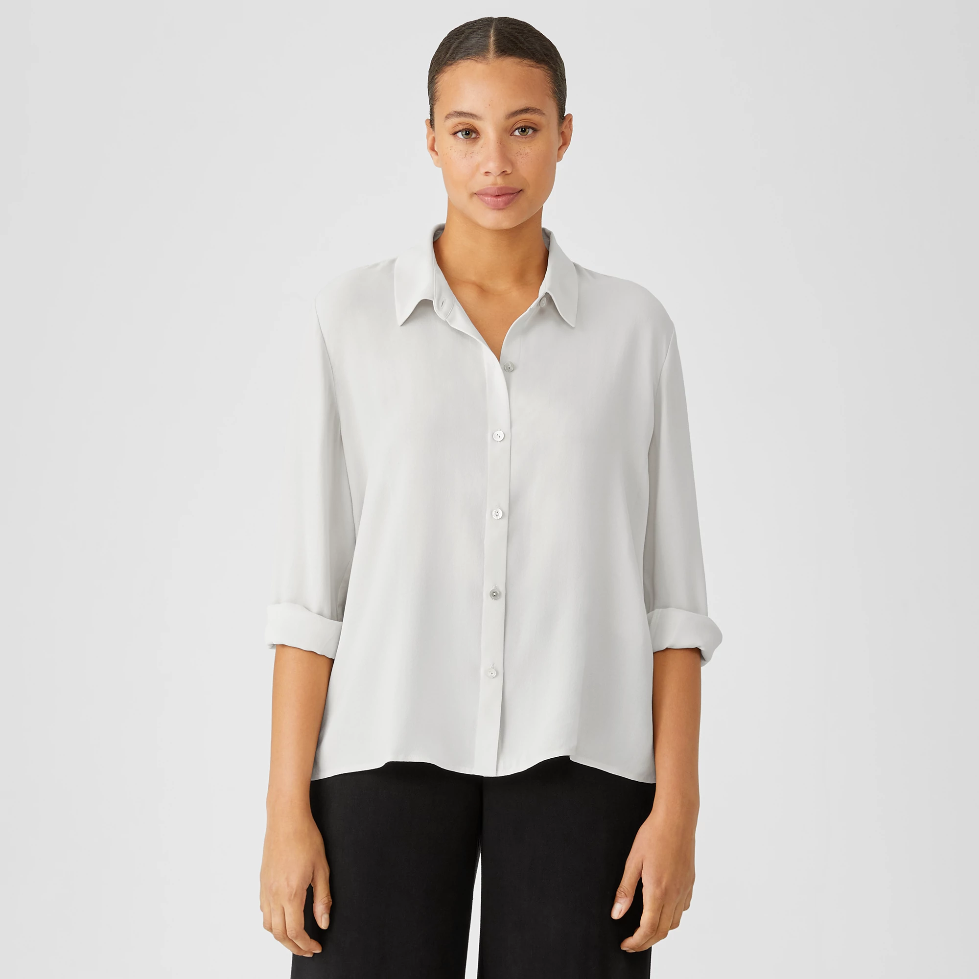 (取寄) アイリーン フィッシャー レディース クラシック カラー シャツ Eileen Fisher women Classic Collar Shirt Pale Sky Washed Organic Cotton Poplin Classic Collar Long Shirt