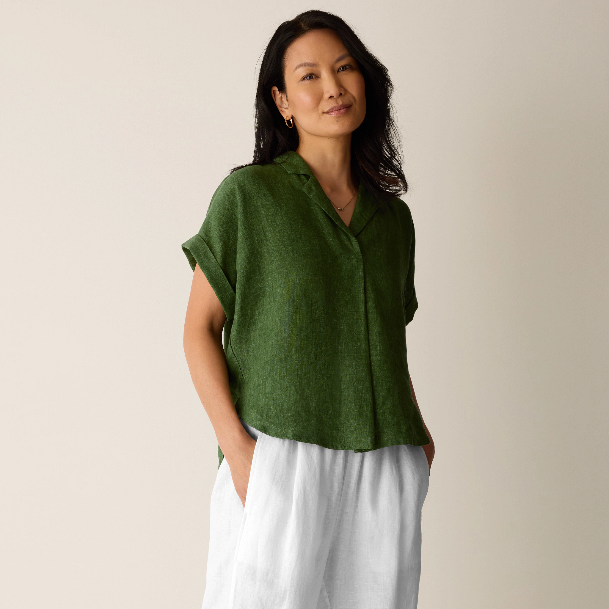Washed Organic Linen Délavé Notch Collar Top from EILEEN FISHER - $188