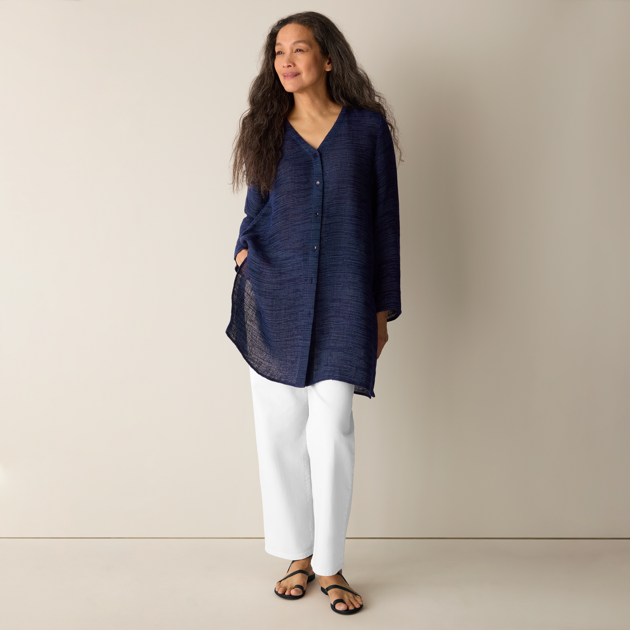 Linen Gauze Strata V-Neck Long Top from EILEEN FISHER - $228