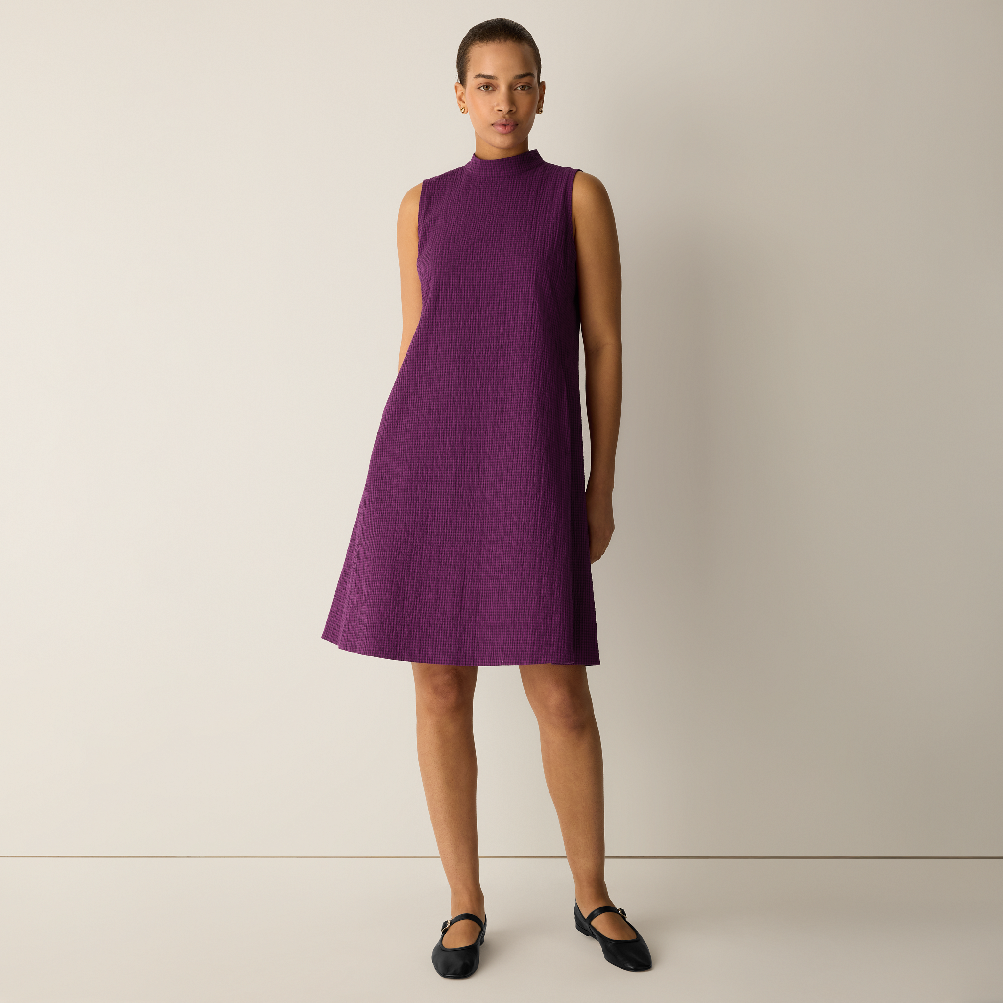 Organic Cotton Pucker Check Mock Neck Dress from EILEEN FISHER - $198