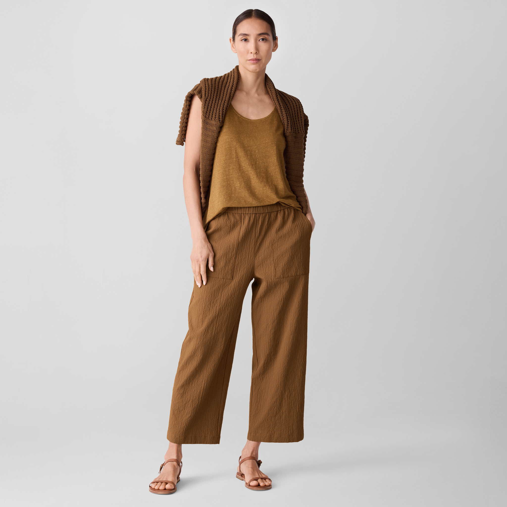 【2plan】24SS★ [MADE] Summer linen Basic U-neck S/S T Organic Linen Délavé Round Neck Tank | EILEEN FISHER