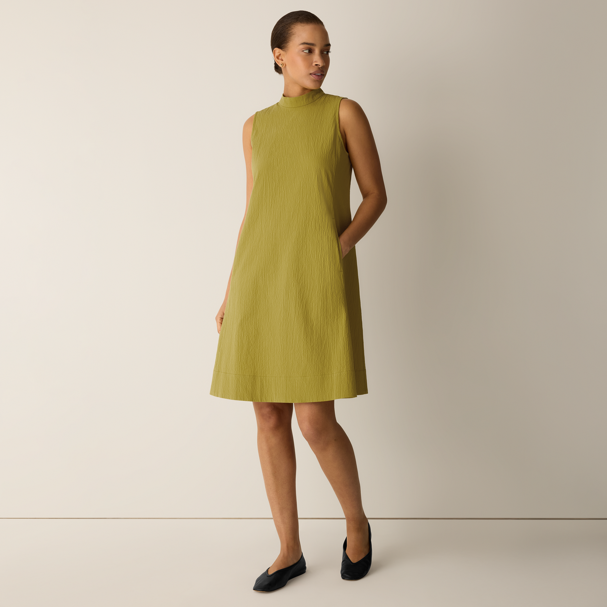 eileen fisher green dress Eileen Fisher - Women's Lightweight Satin Shimmer Tee Dress - Green