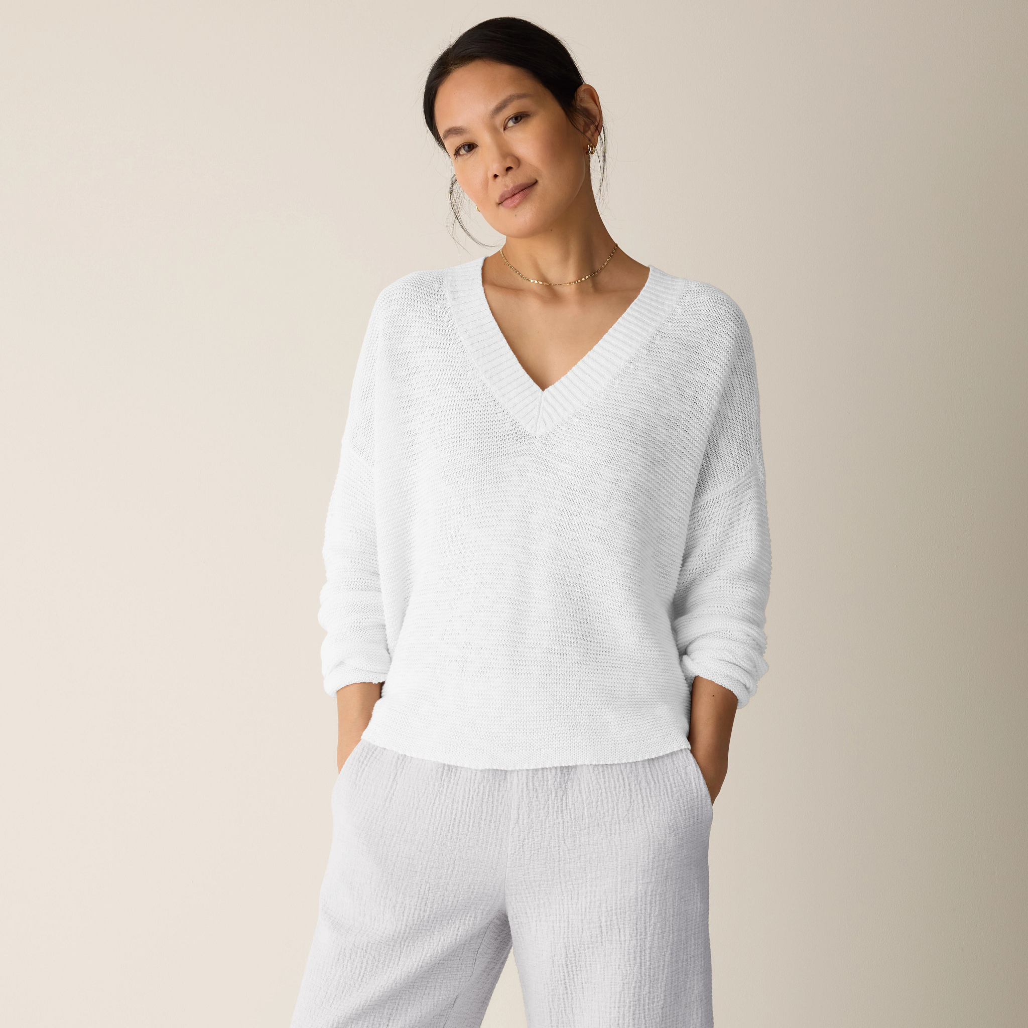 Organic Linen Cotton Slub V-Neck Top