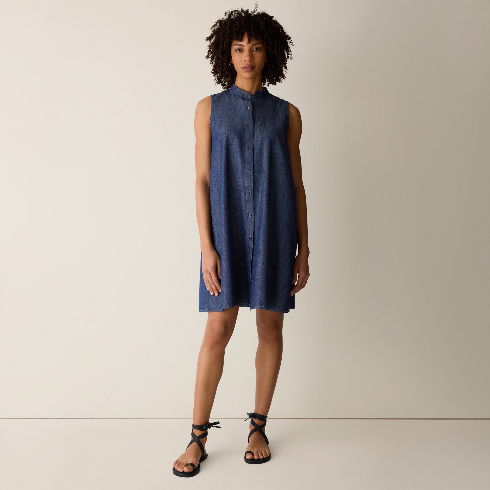 Lightweight Organic Cotton Denim Band Collar Dress