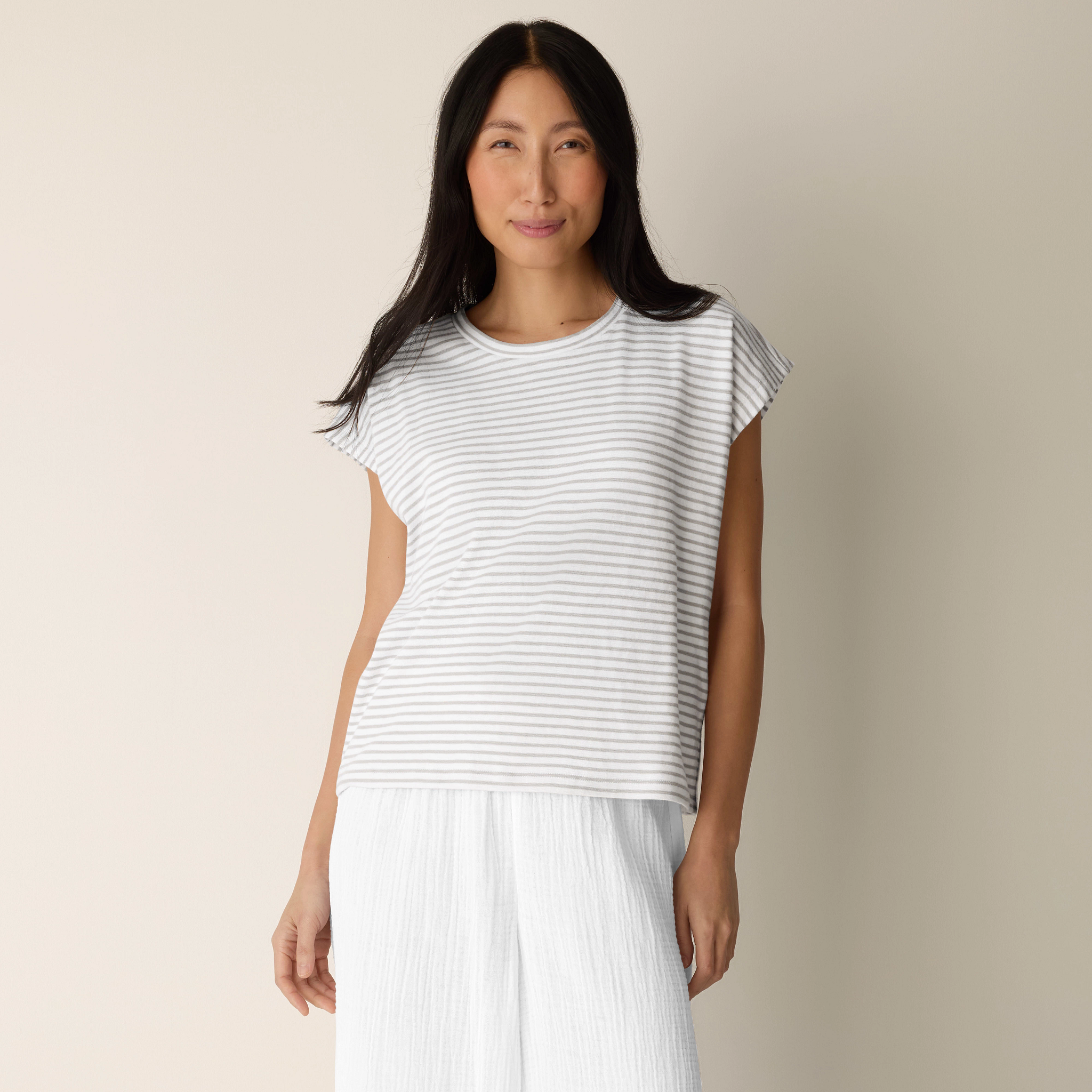 Striped Organic Cotton Slub Crew Neck Tee from EILEEN FISHER - $138