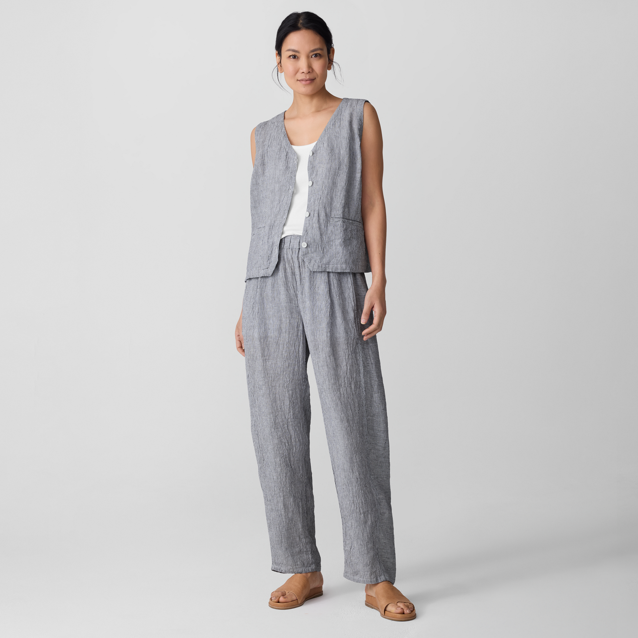 Puckered Organic Linen Stripe Lantern Pant | EILEEN FISHER