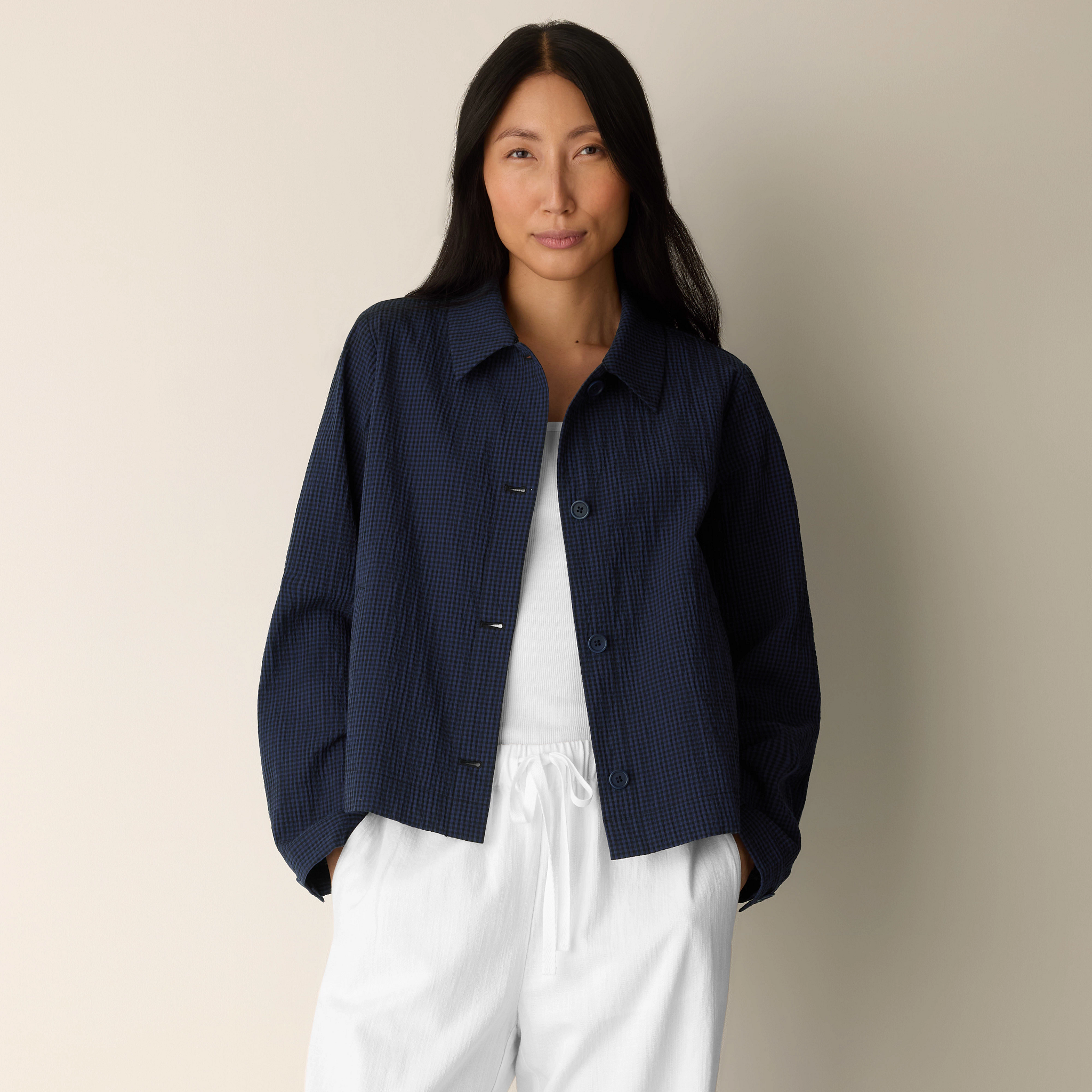 Organic Cotton Pucker Check Classic Collar Jacket from EILEEN FISHER - $198