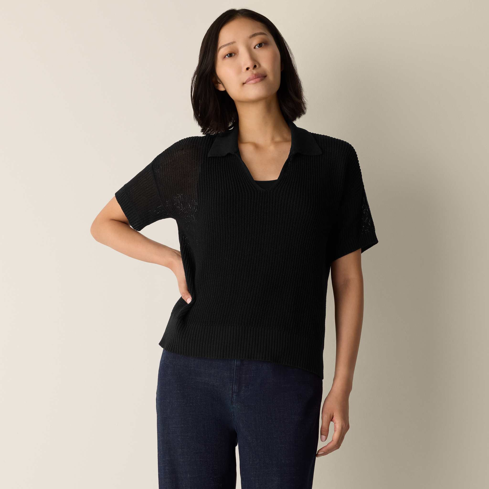 Cotton Silk Cord Split Neck Top