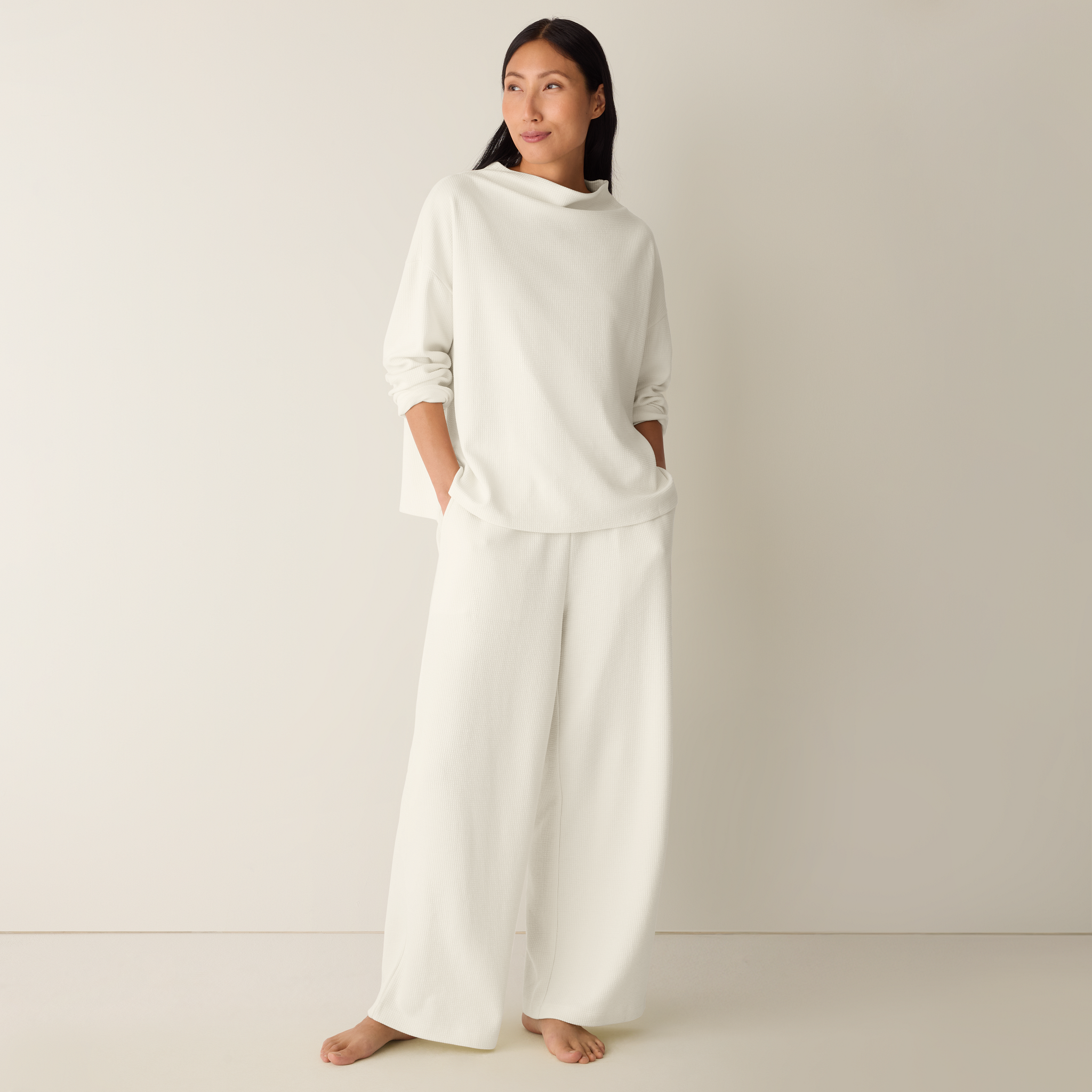 Waffle Cotton Blend Doubleknit Funnel Neck Box-Top