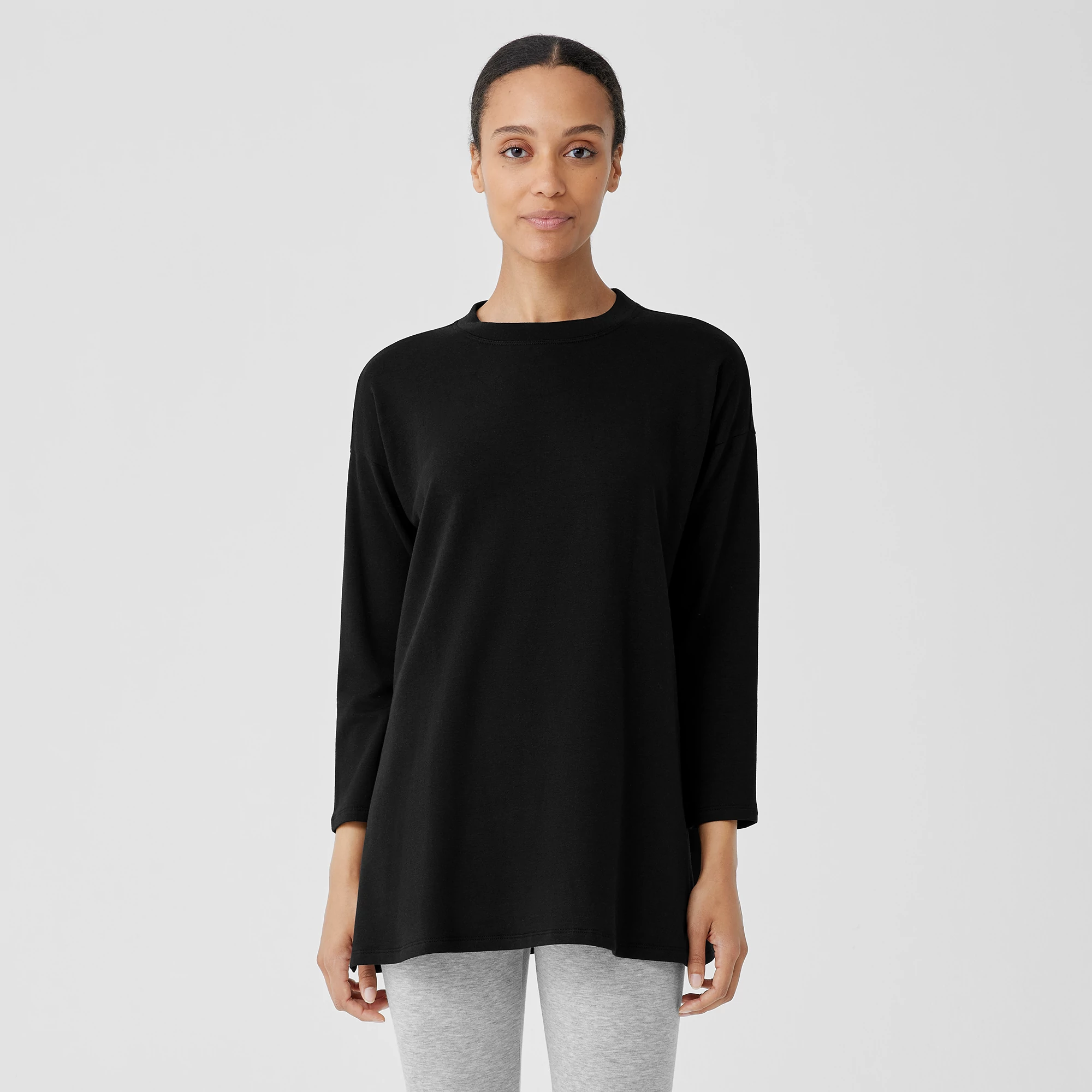 Eileen Fisher  Crew Neck Sweater レディース Sweaters Black 2 Variegated Rib Knit Crew Neck Long Top | EILEEN FISHER