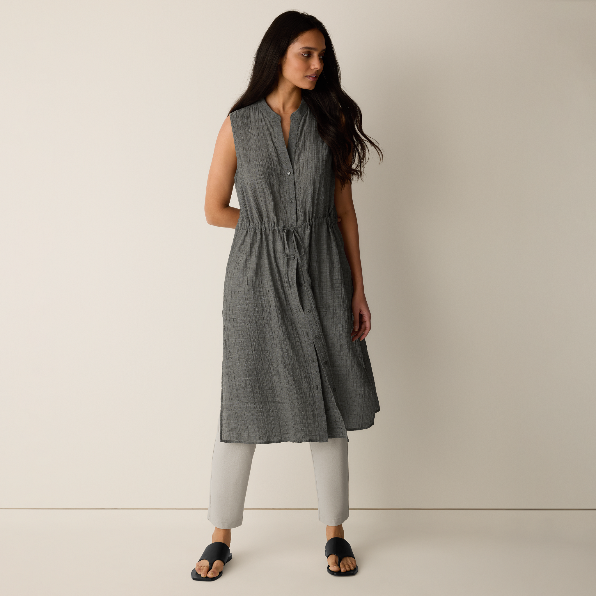 Organic Cotton Microstripe Pucker Band Collar Shirt from EILEEN FISHER - $168