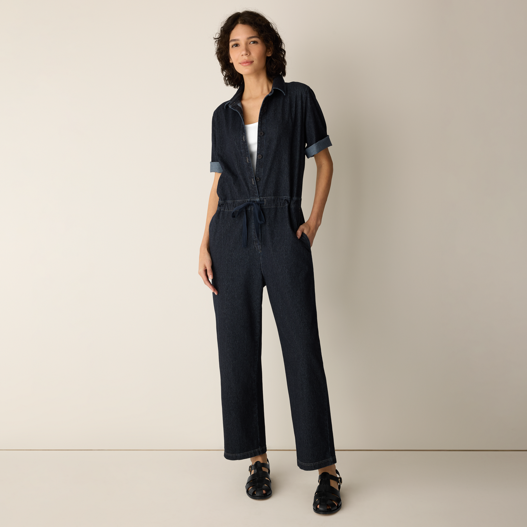 Cotton Indigo Knit Denim Jumpsuit | EILEEN FISHER
