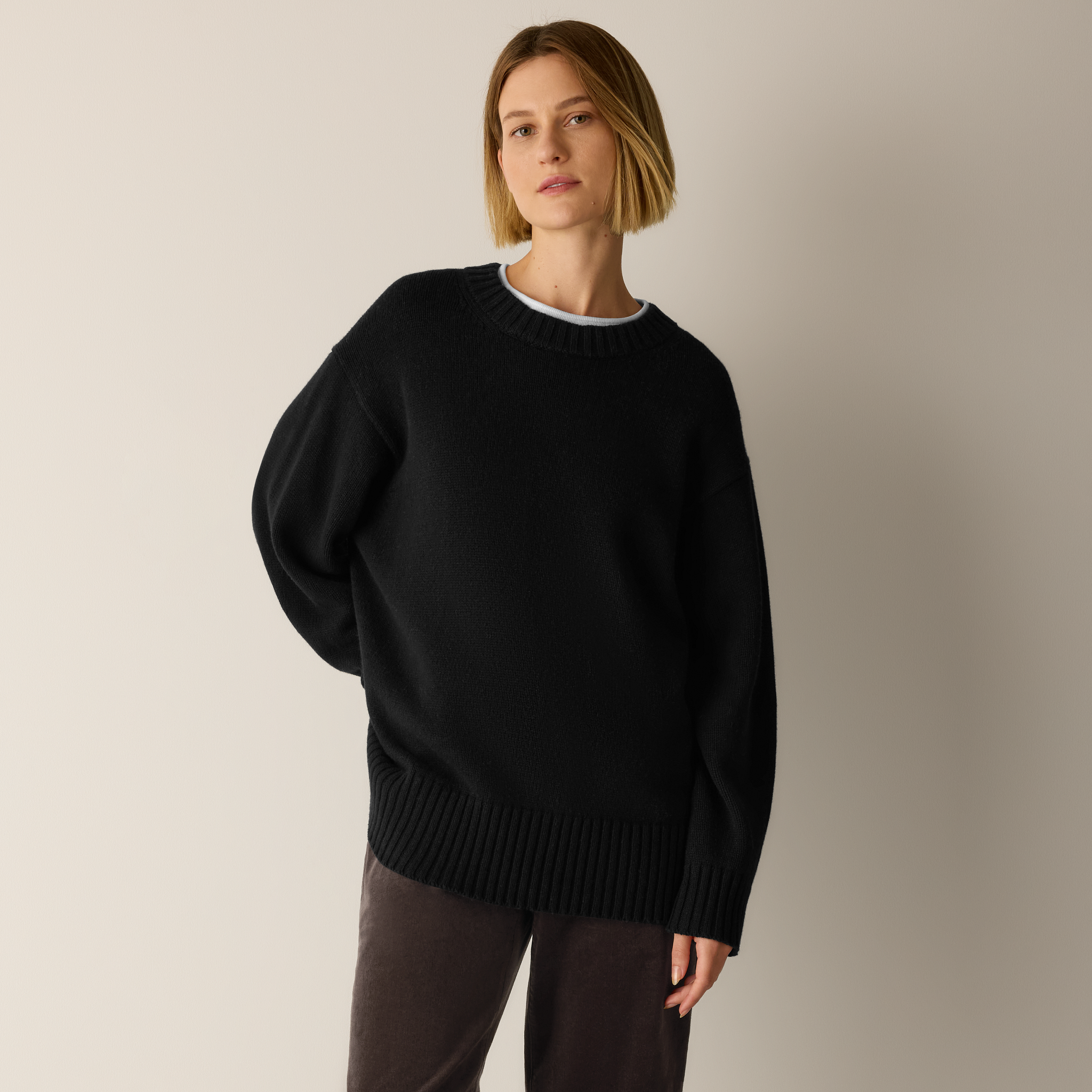 Cotton & Recycled Cashmere Crew Neck Long Top | EILEEN FISHER