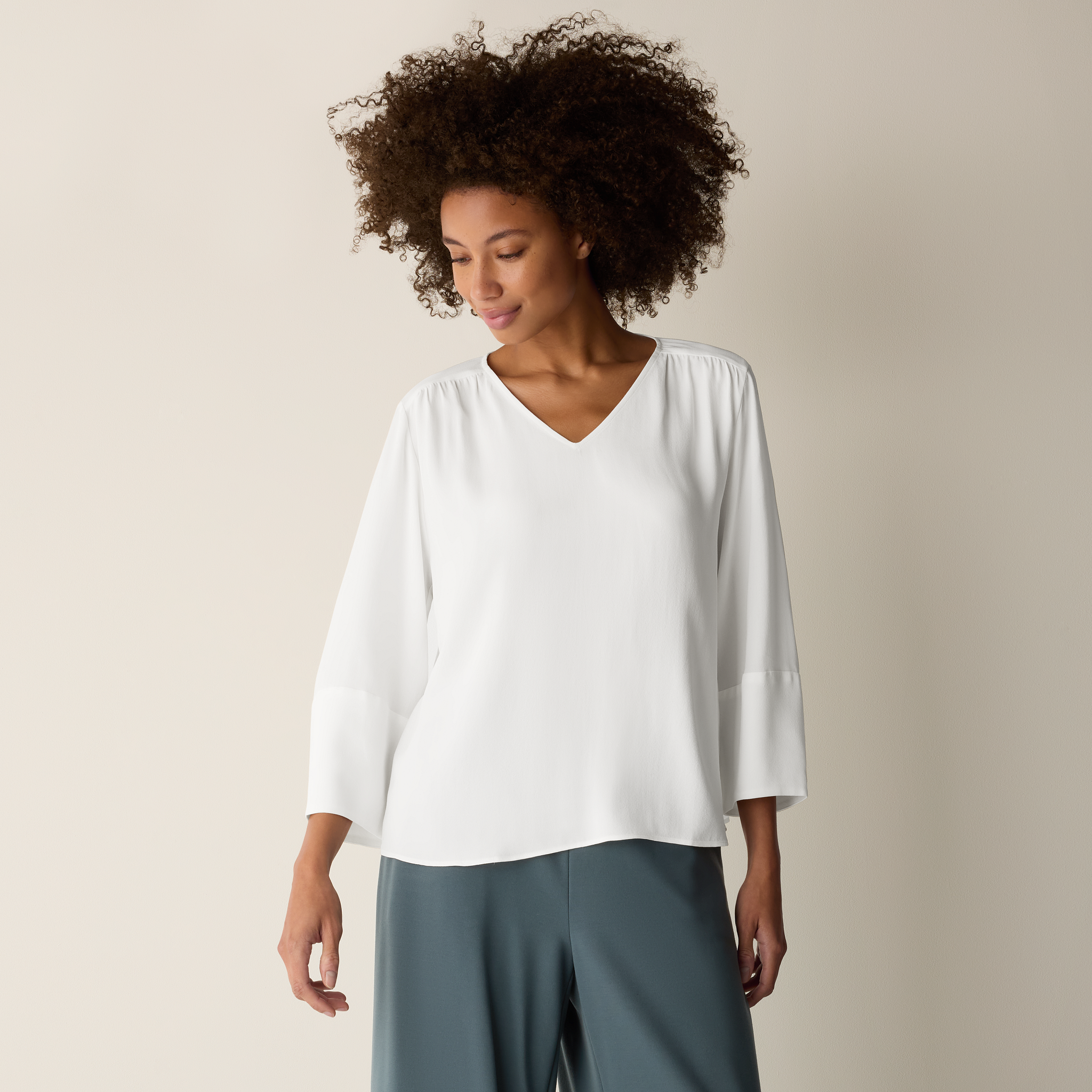 Silk Georgette Crepe V-Neck Top