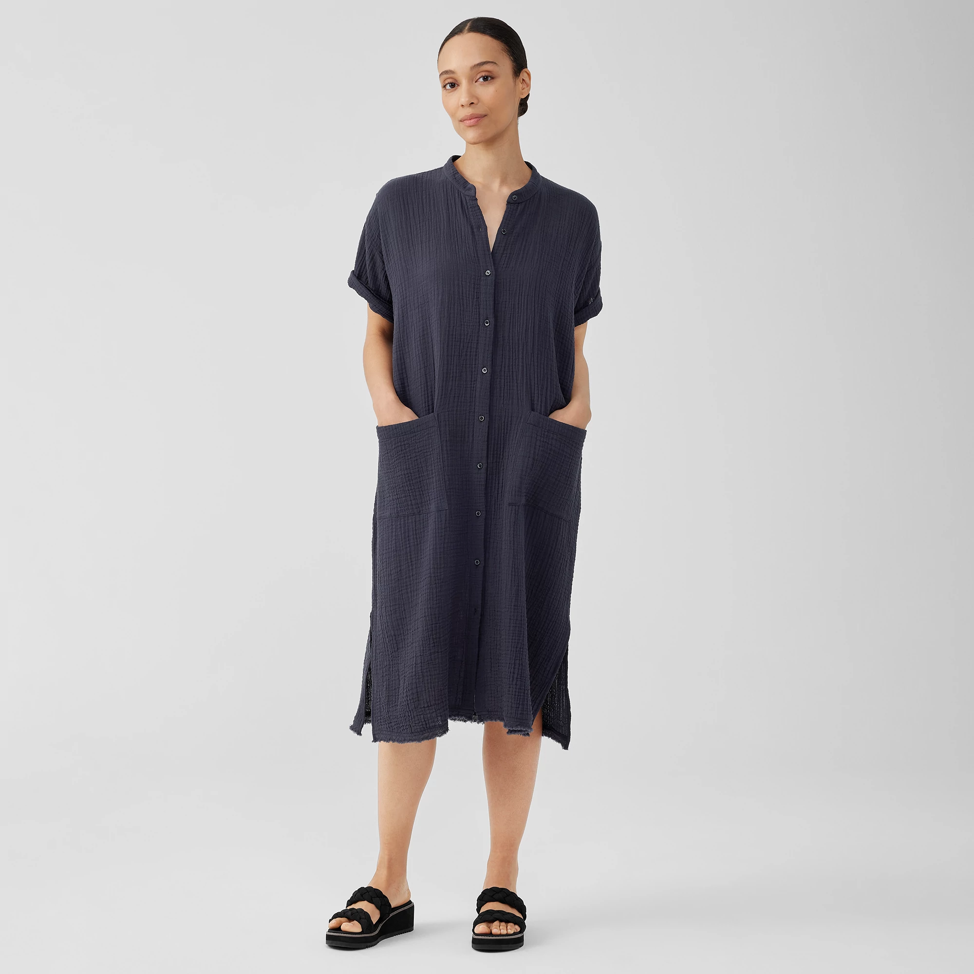 Organic Cotton Gauze Mandarin Collar Dress | EILEEN FISHER