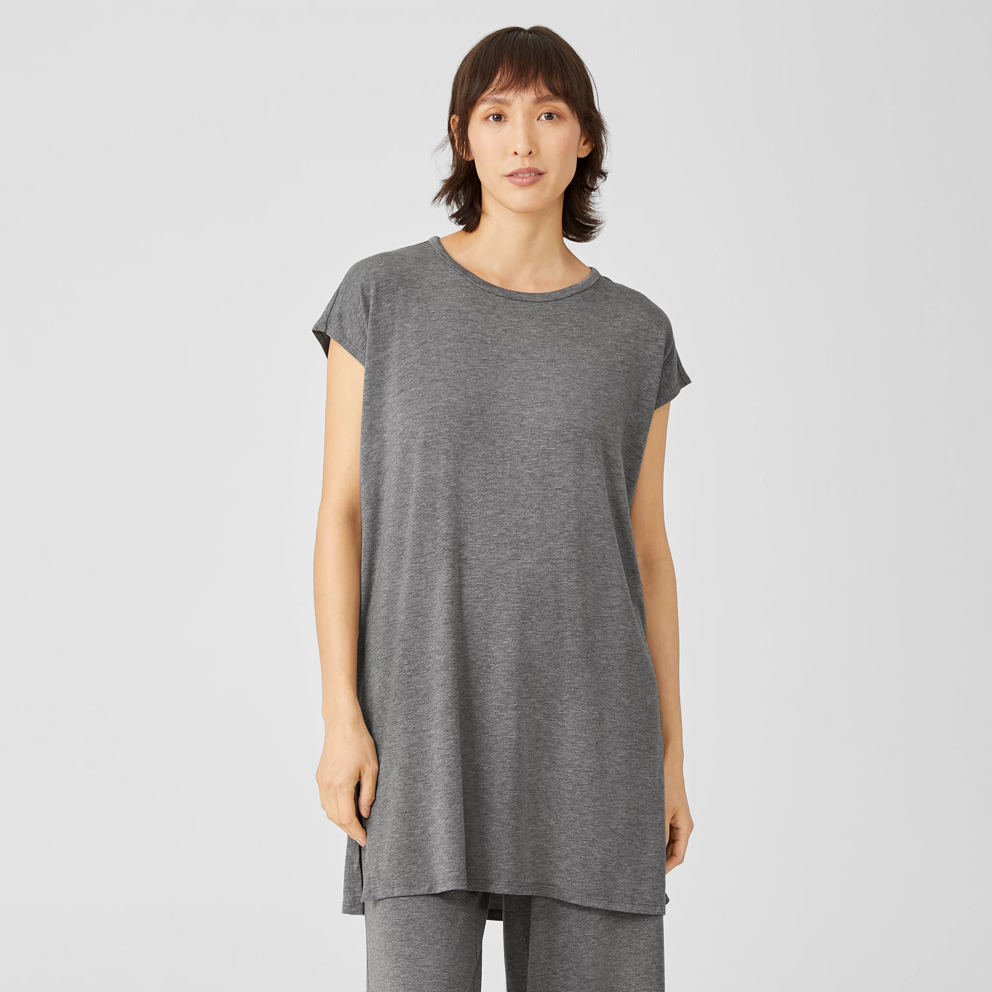 Fine Jersey Crew Neck Long Top EILEEN FISHER