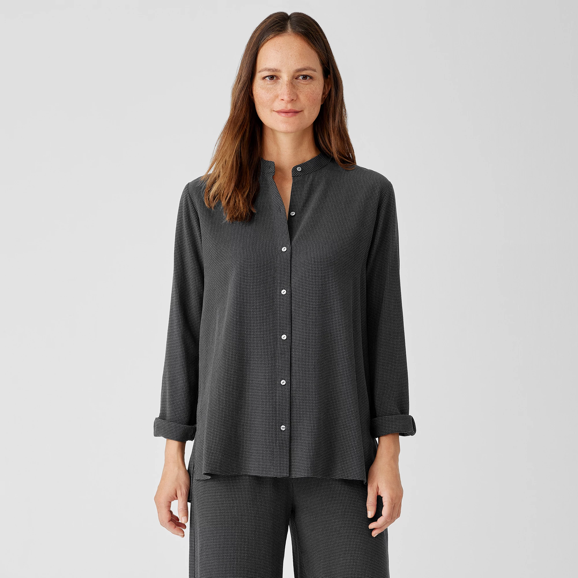 Mini Check Crepe Mandarin Collar Top | EILEEN FISHER