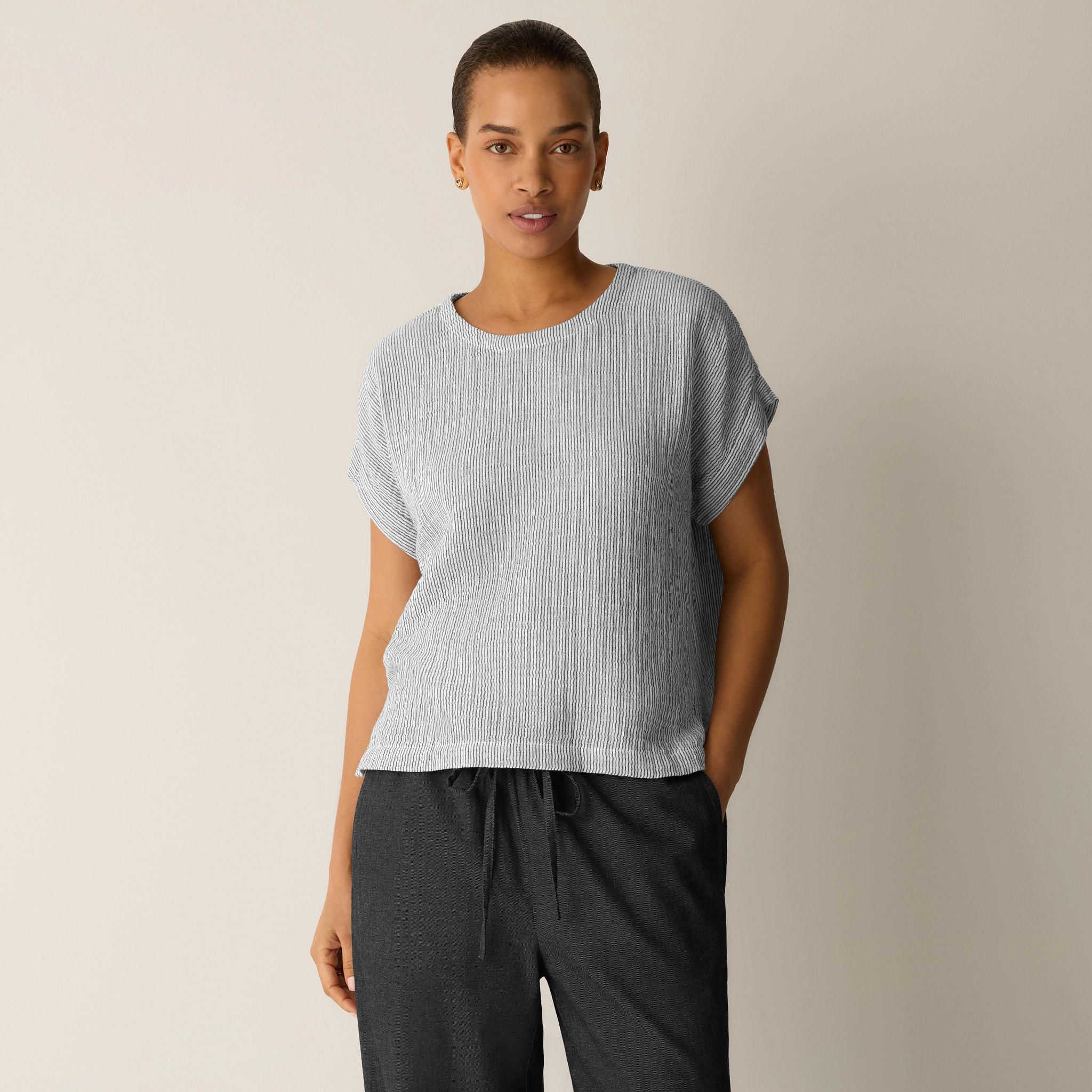 Striped Organic Cotton Gauze Square Top from EILEEN FISHER - $128