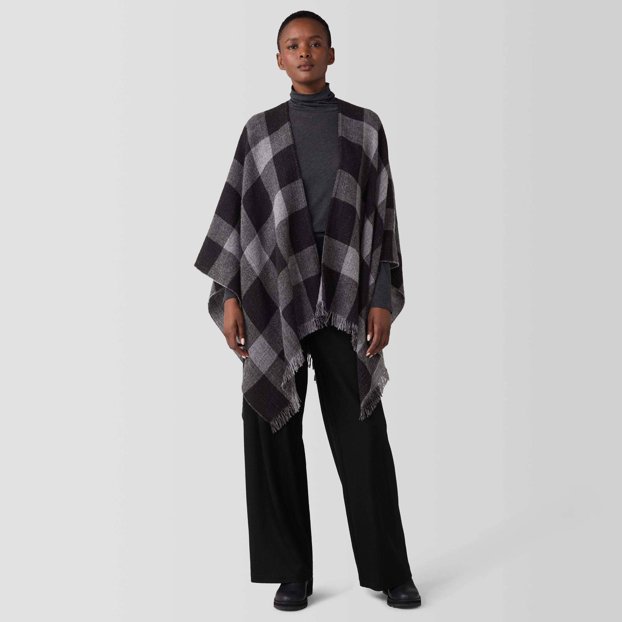 Reversible Wool Check Poncho | EILEEN FISHER