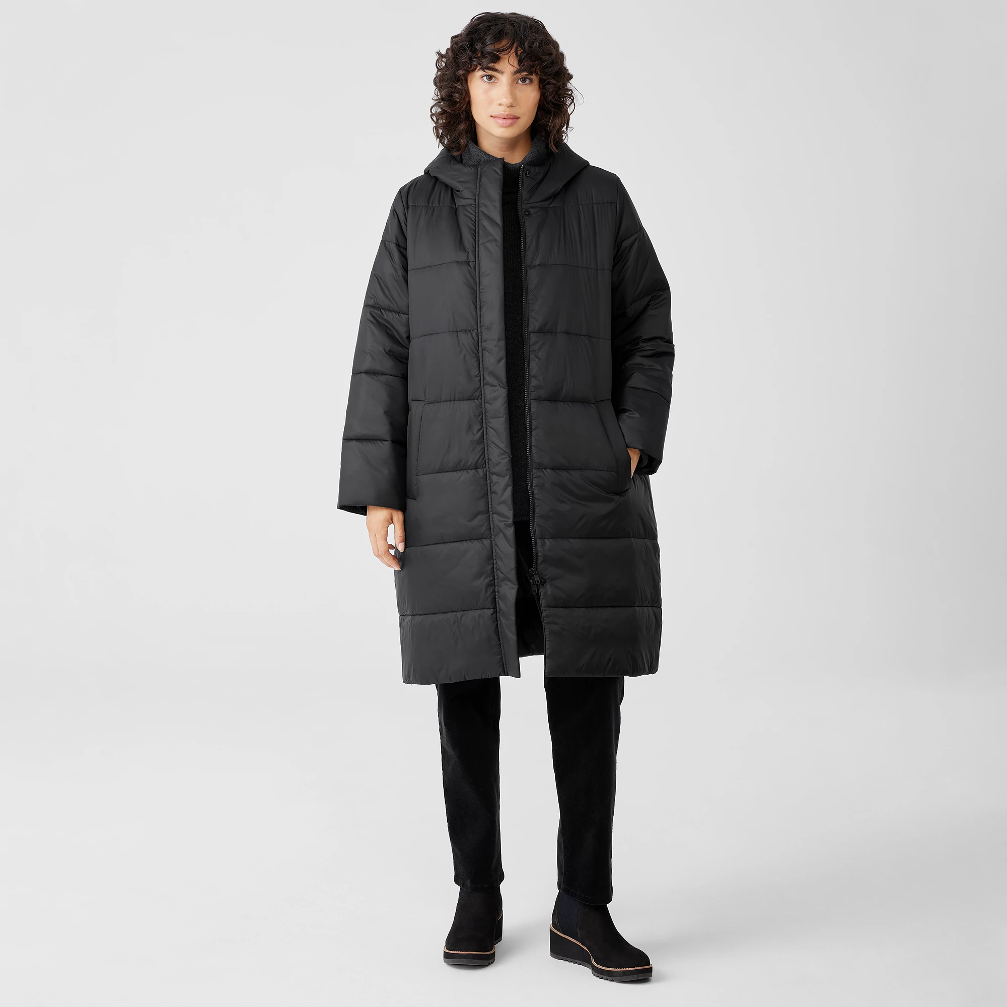 Eggshell Recycled Nylon Long Coat | EILEEN FISHER