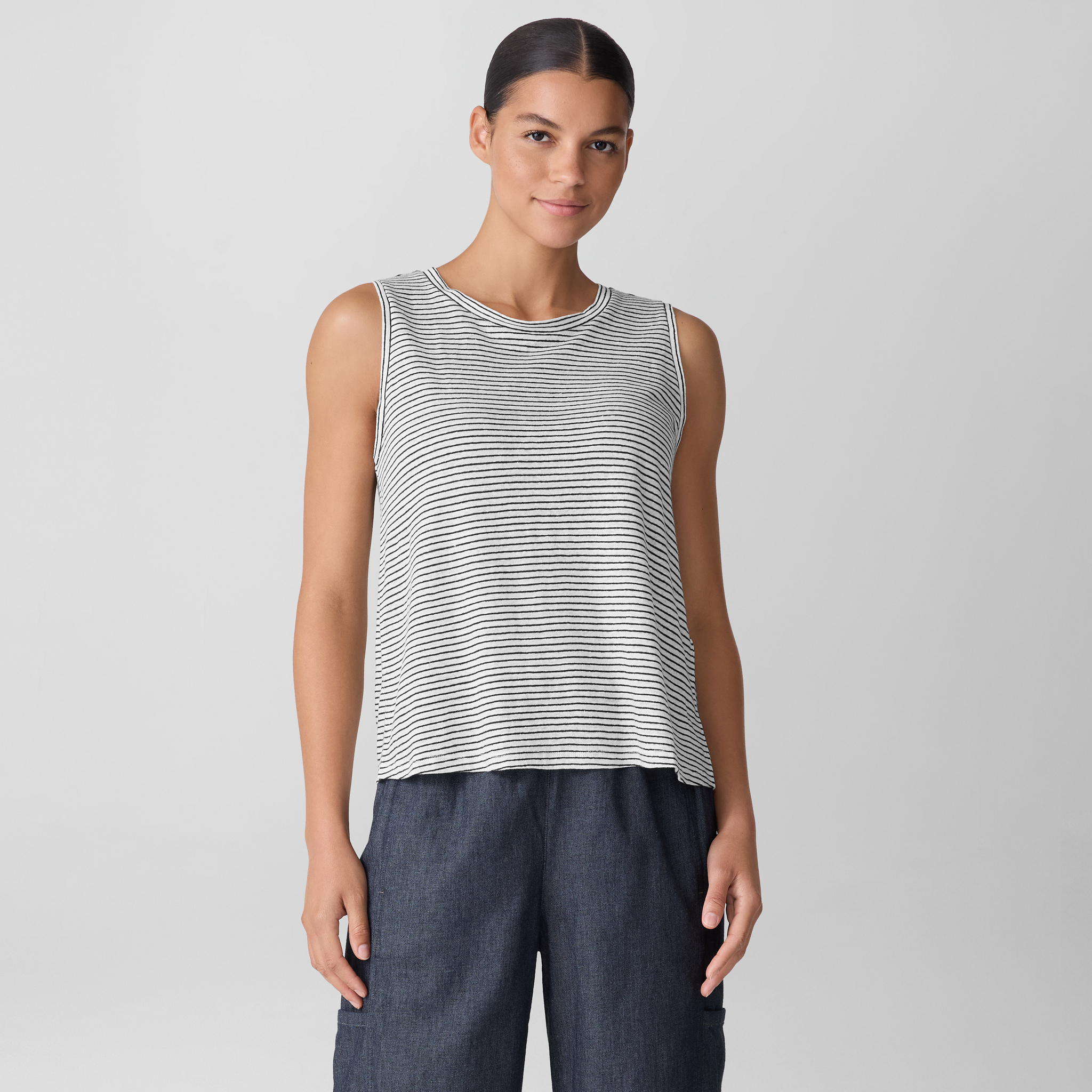 Striped Organic Linen Jersey Crew Neck Tank | EILEEN FISHER