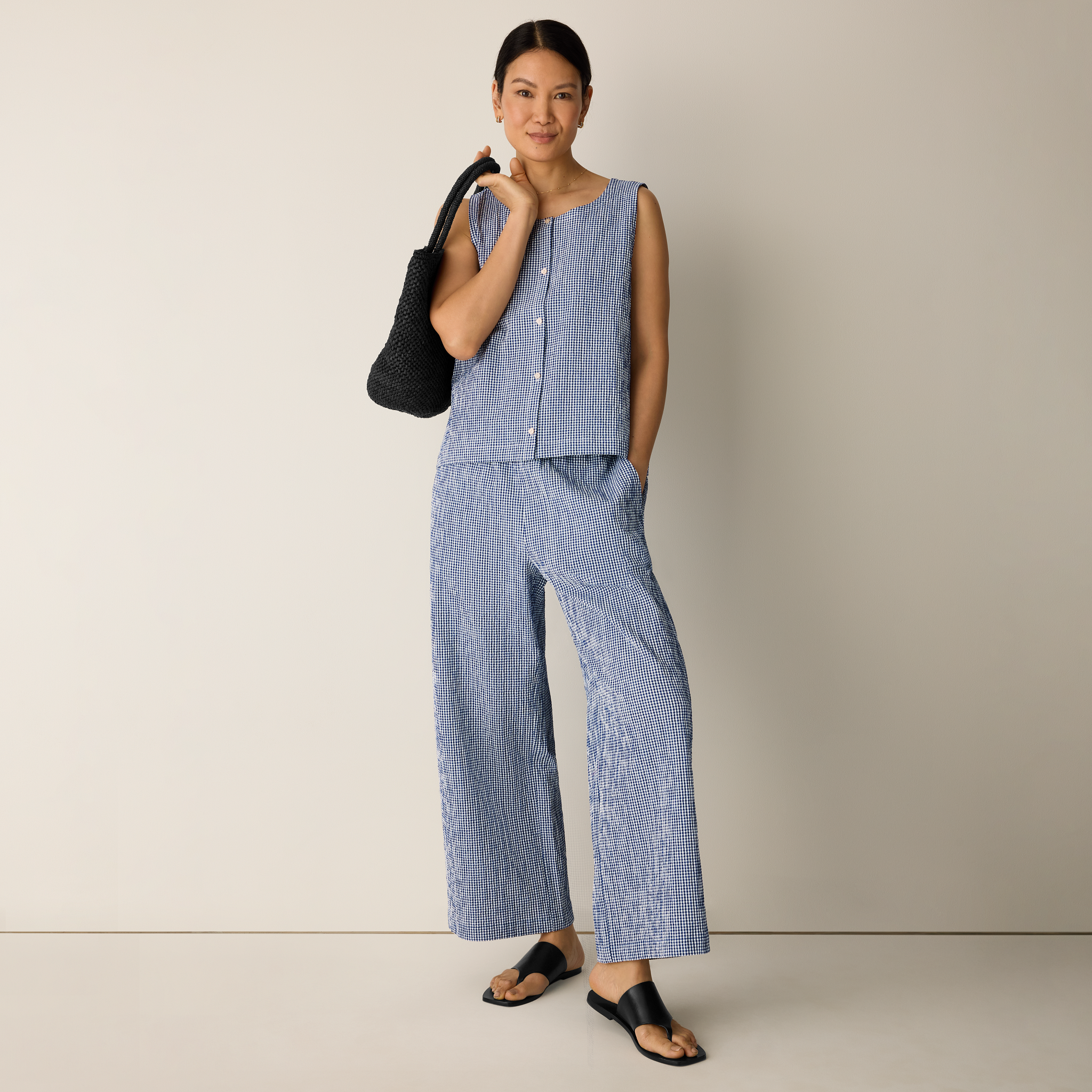 Organic Cotton Pucker Check Wide-Leg Pant from EILEEN FISHER - $188