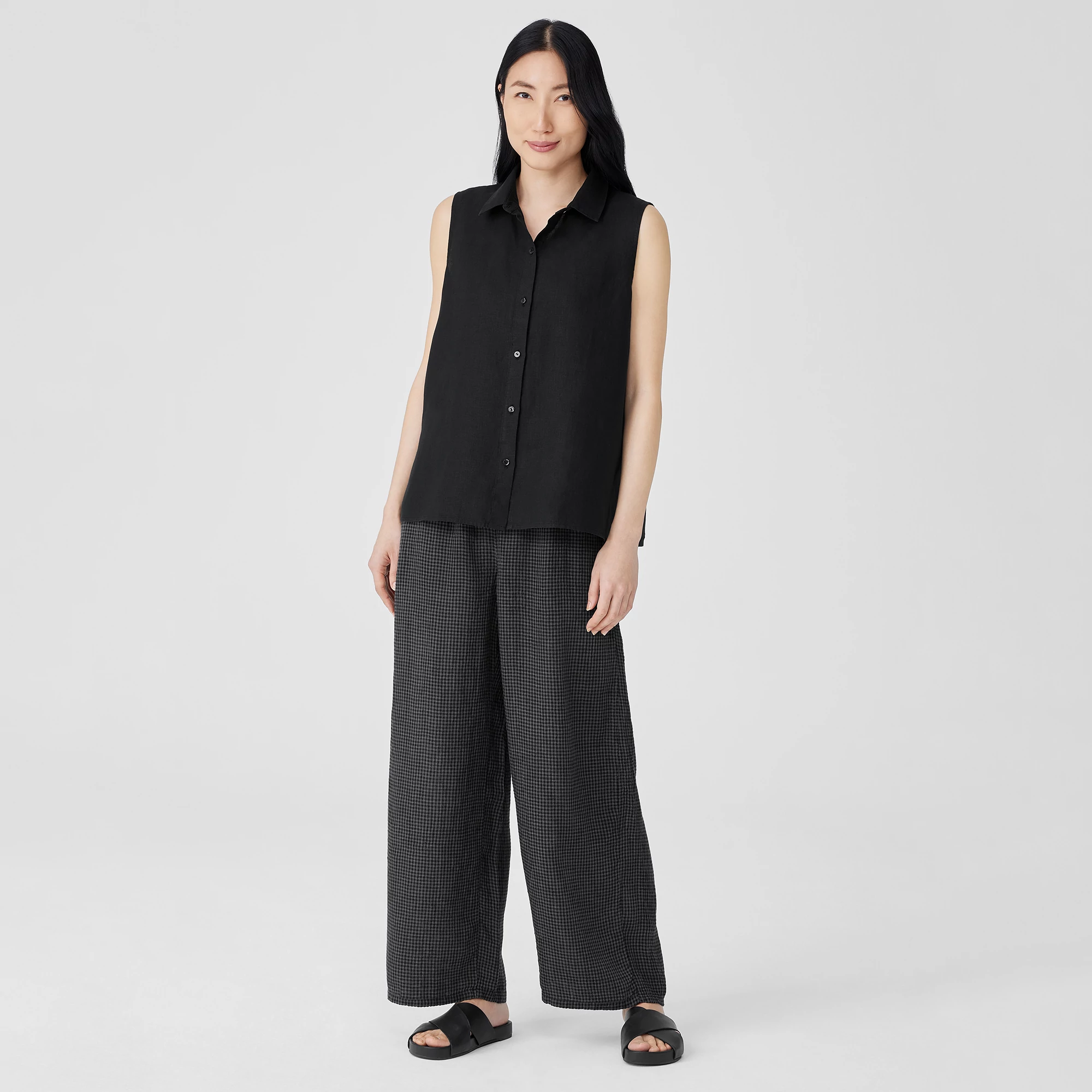 【HI FI FNK】Ice Linen Banding Trousers Striped Organic Linen Crinkle Wide-Leg Pant | EILEEN FISHER