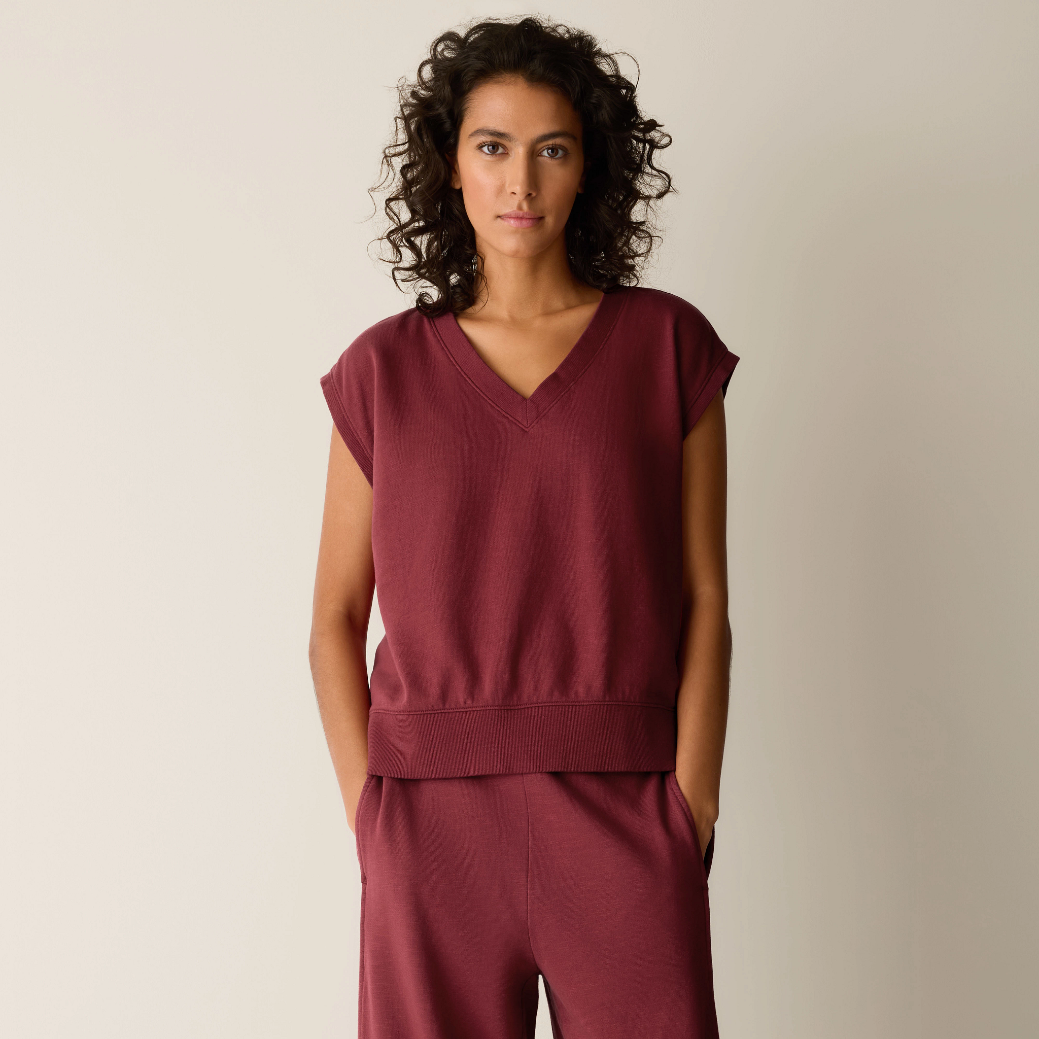 Garment-Dyed Organic Cotton Terry V-Neck Top from EILEEN FISHER - $138