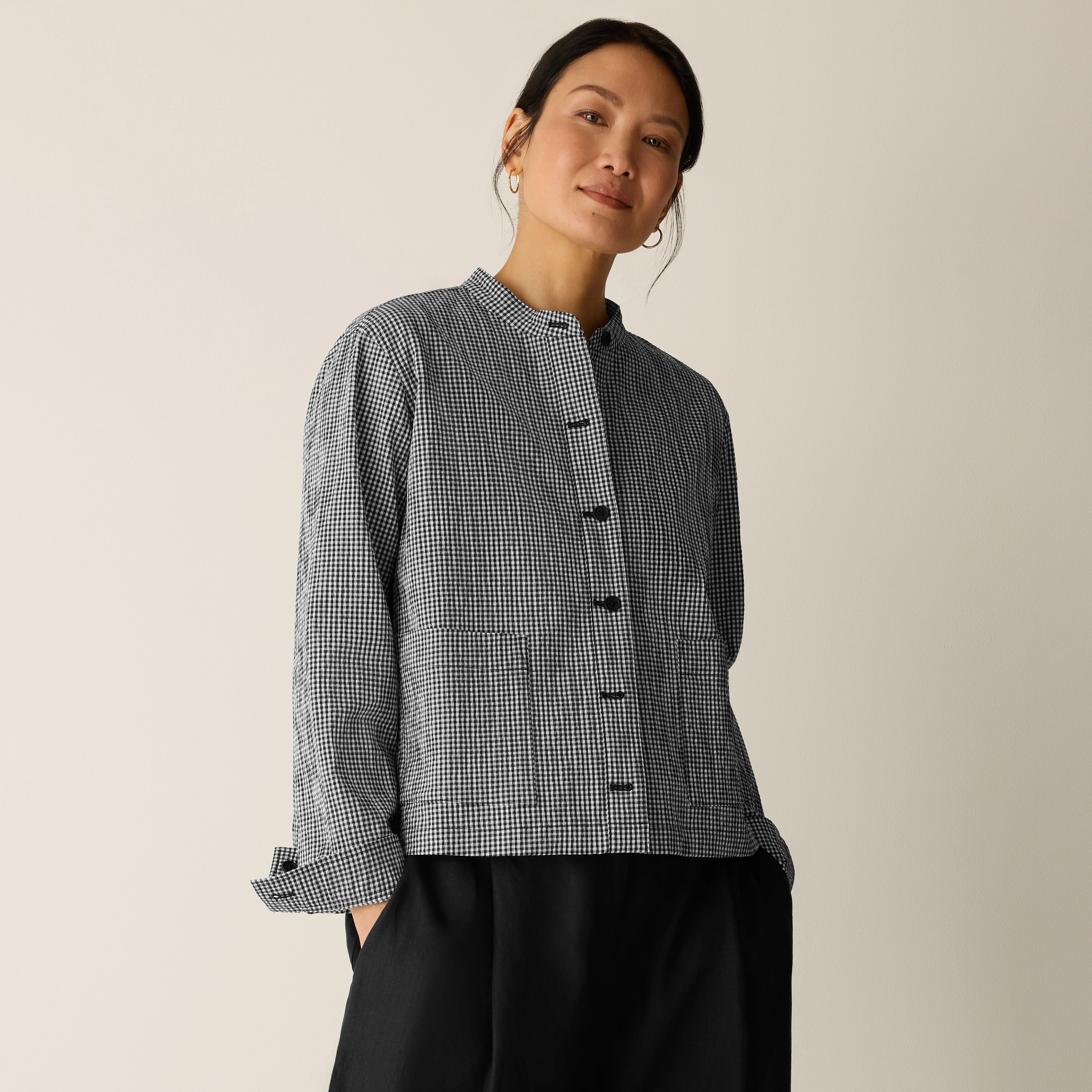 Organic Cotton Pucker Check Shirt Jacket from EILEEN FISHER - $198