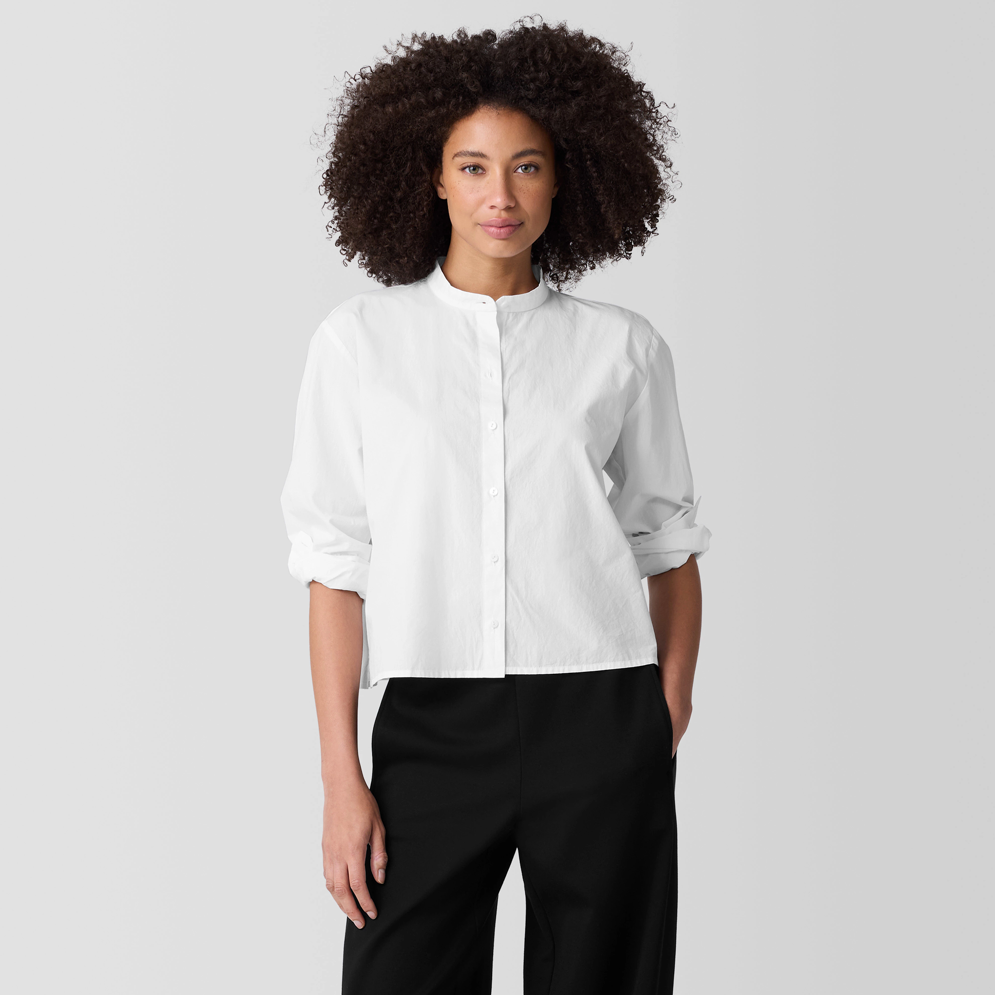 Washed Organic Cotton Poplin Band Collar Short Shirt