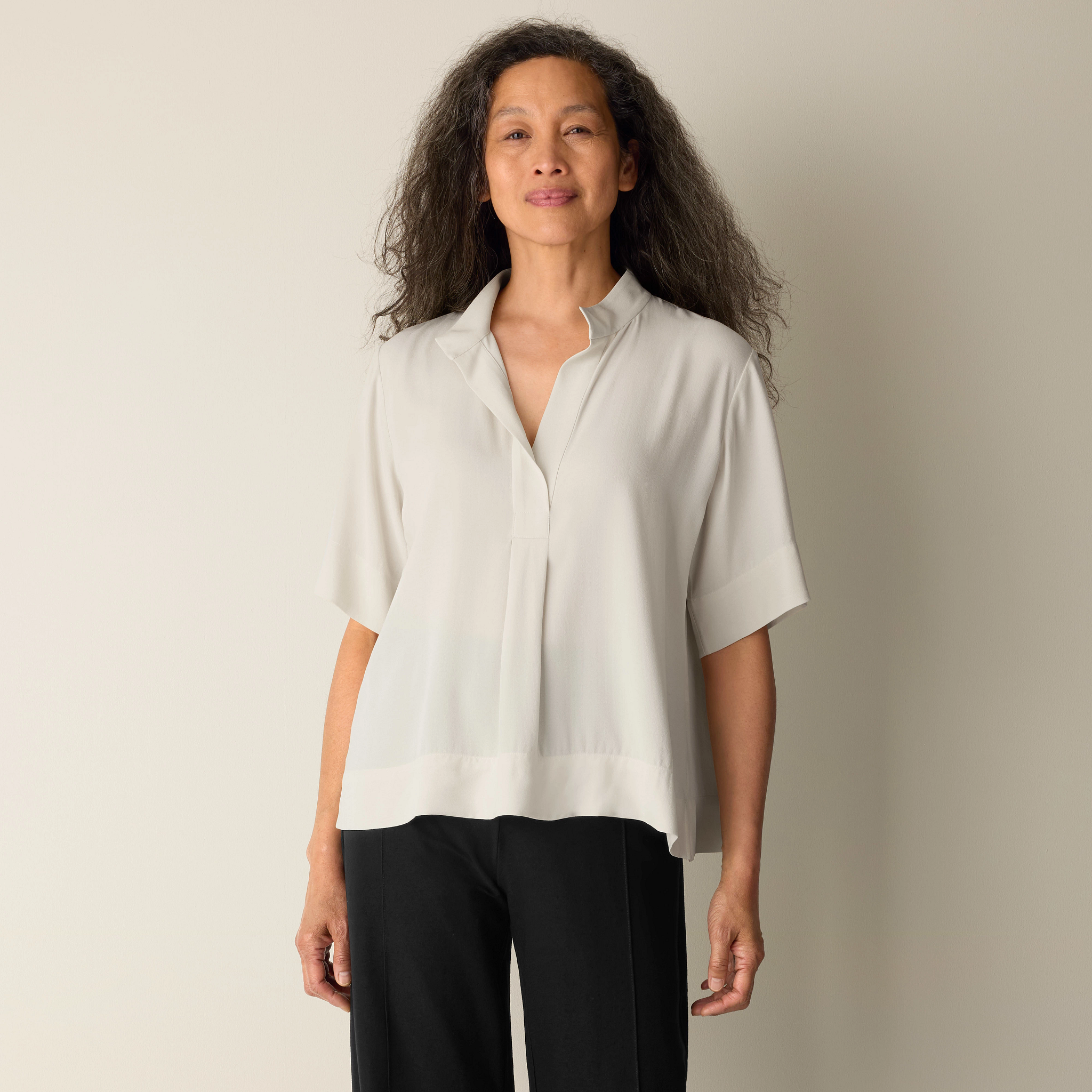 Silk Georgette Crepe Split Neck Top | EILEEN FISHER