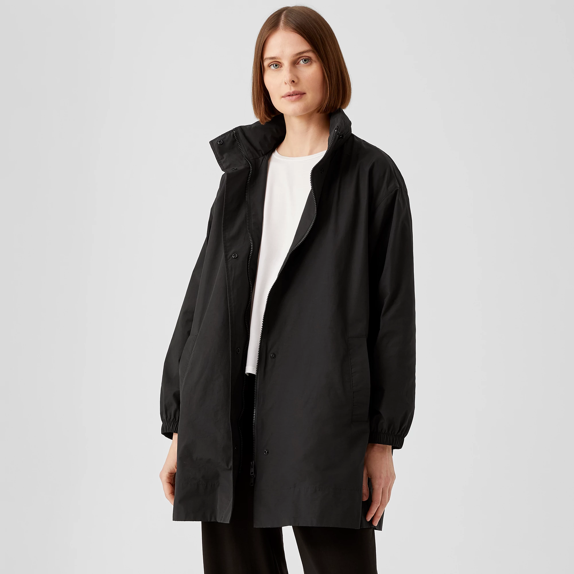 Light Cotton Nylon Stand Collar Long Coat | EILEEN FISHER