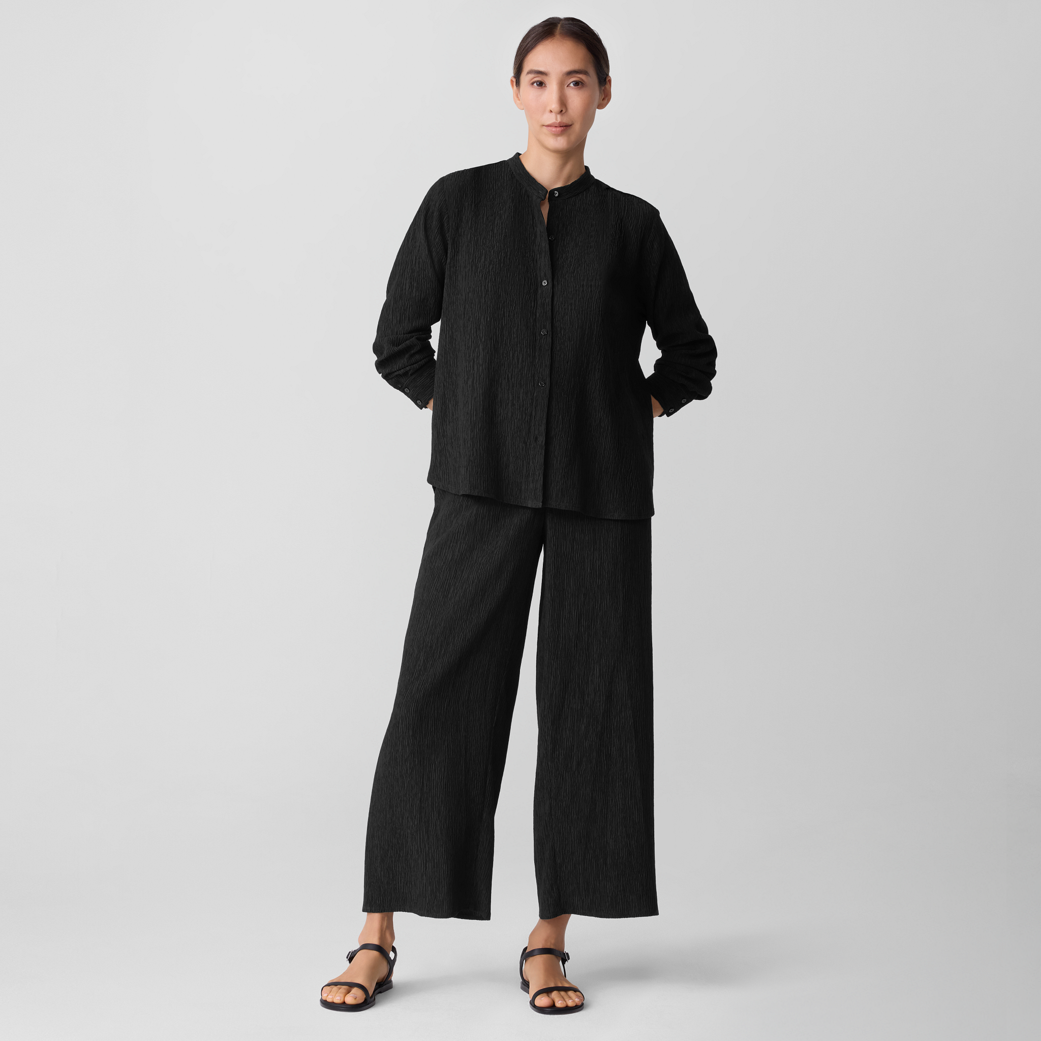 Woven Plissé Band Collar Shirt | EILEEN FISHER