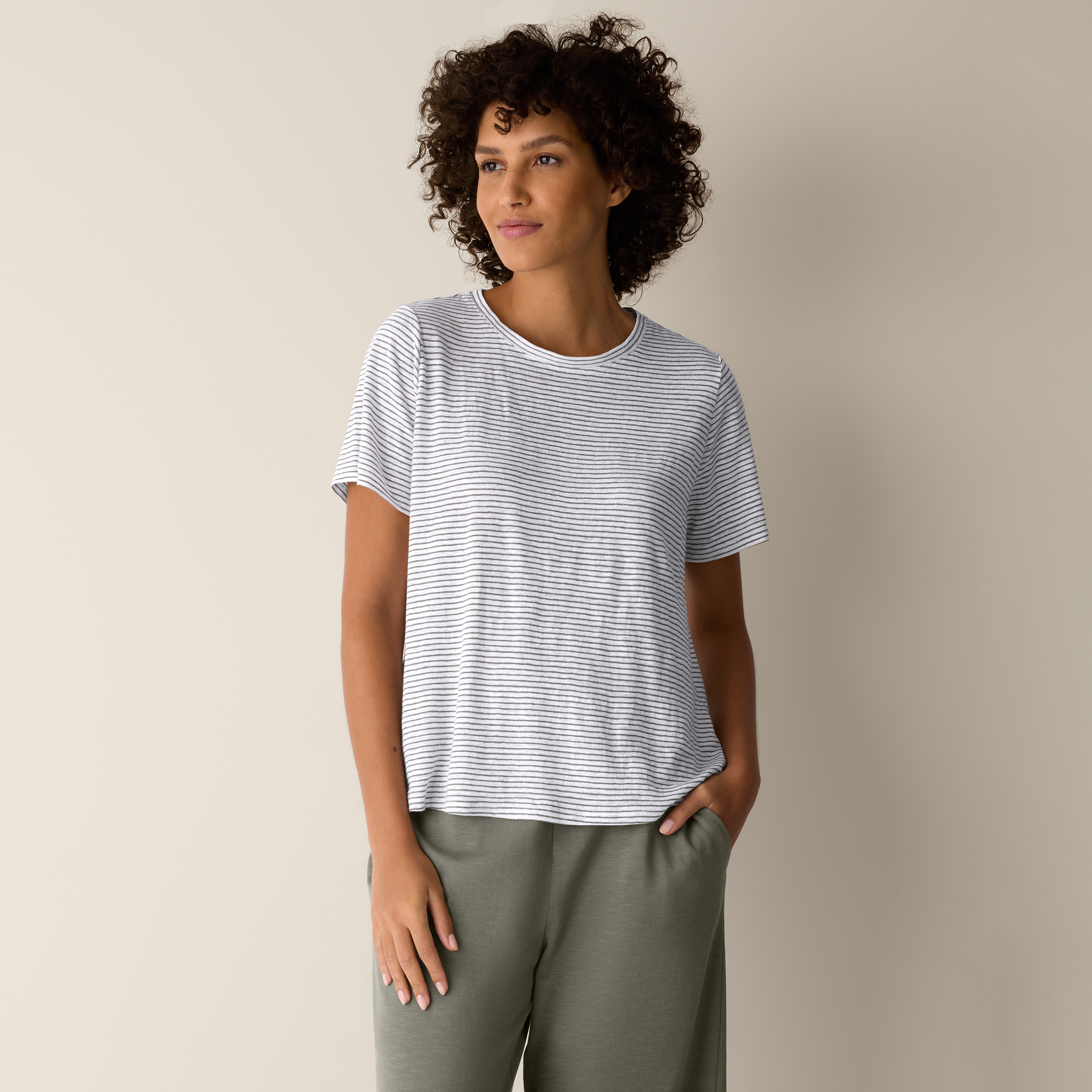 Striped Organic Linen Jersey Crew Neck Tee from EILEEN FISHER - $128