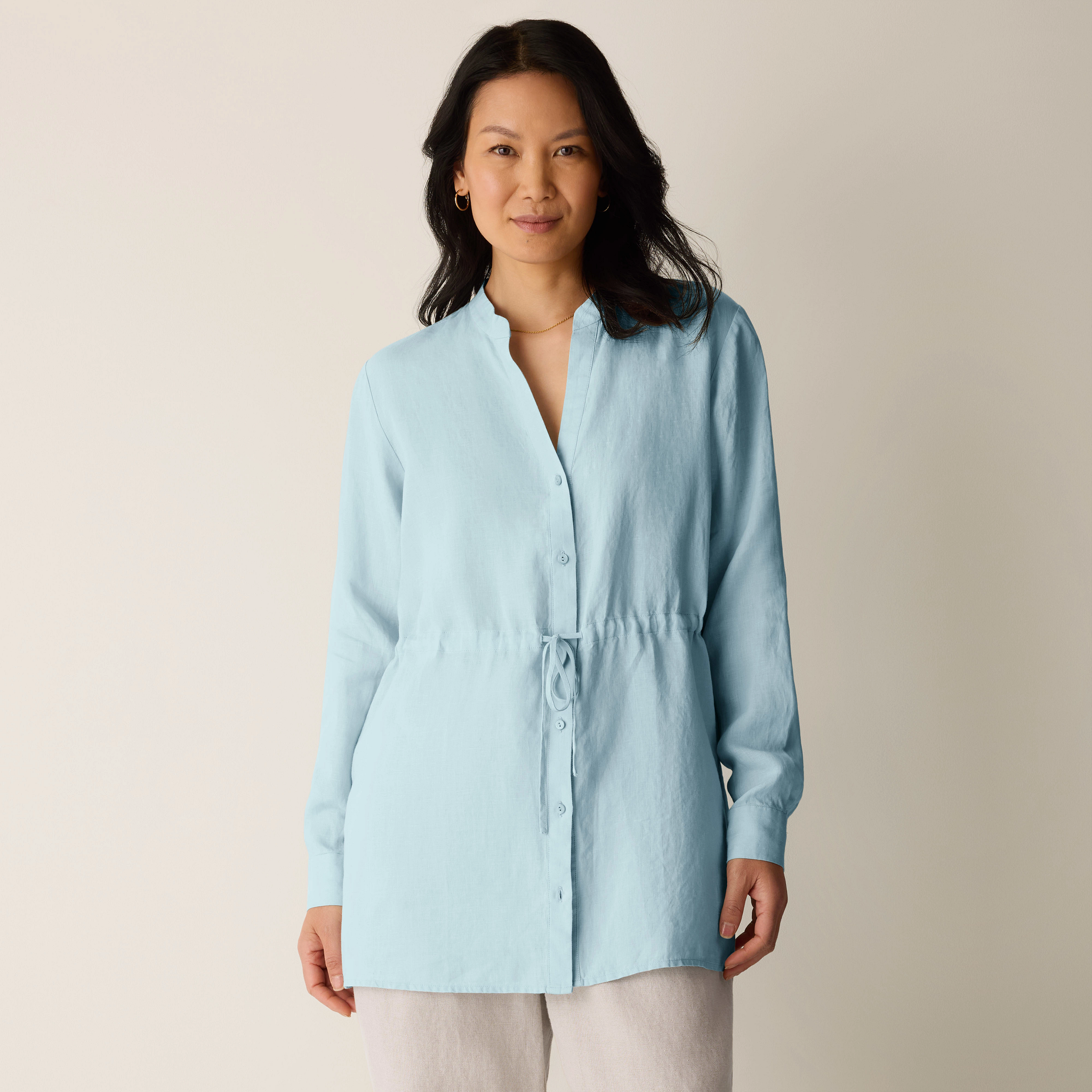 Organic Handkerchief Linen Band Collar Drawstring Shirt from EILEEN FISHER - $198