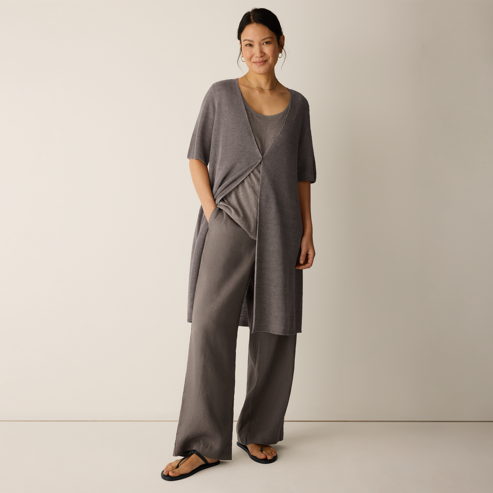 Organic Linen Délavé V-Neck Long Cardigan