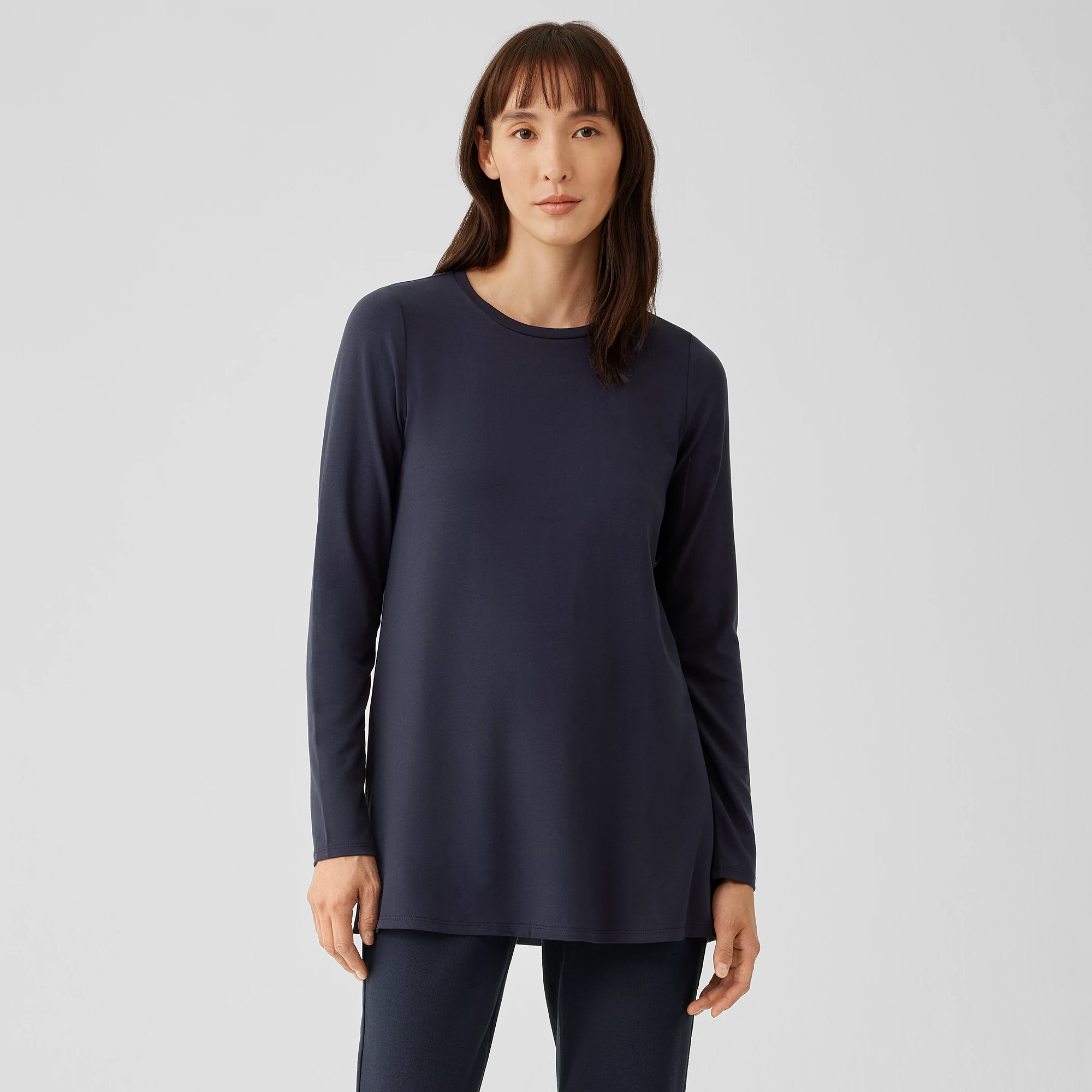Stretch Jersey Knit Crew Neck Long Top EILEEN FISHER