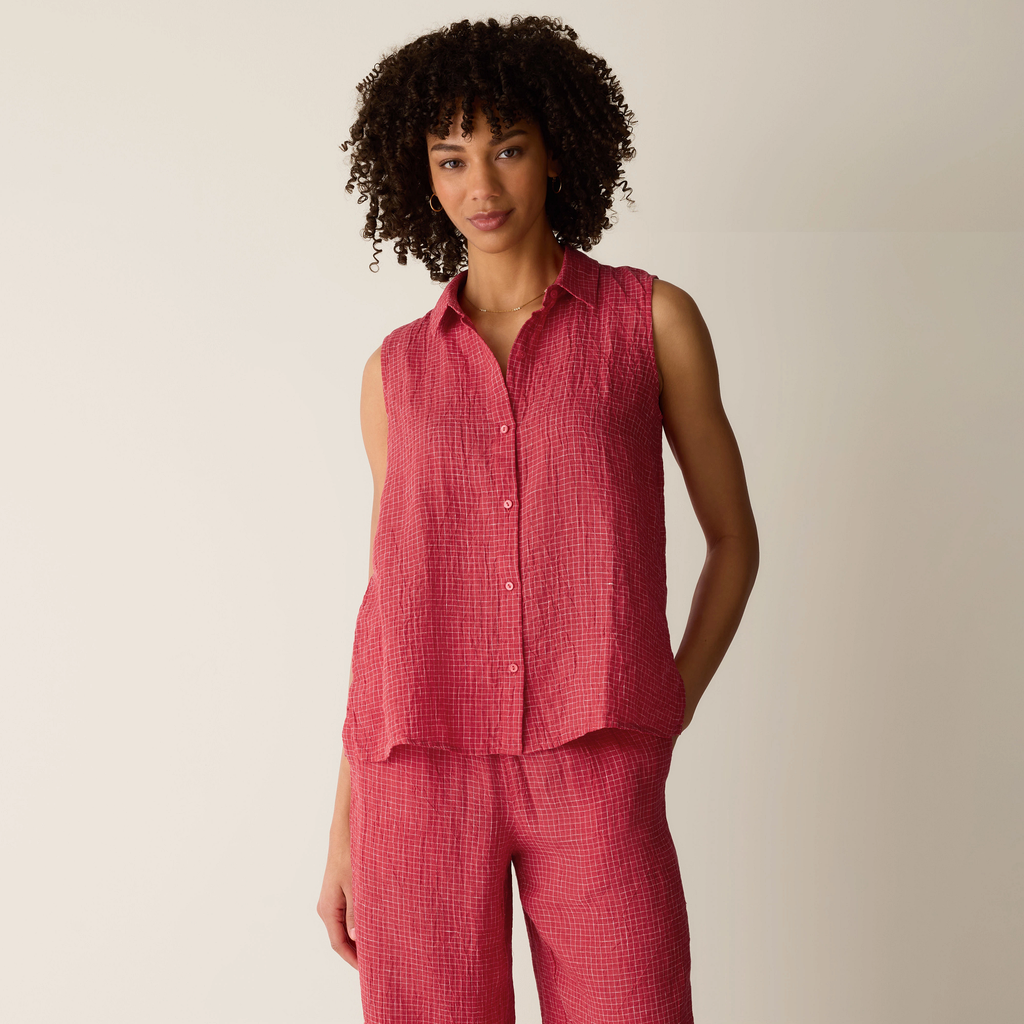 Puckered Organic Linen Grid Sleeveless Shirt from EILEEN FISHER - $148
