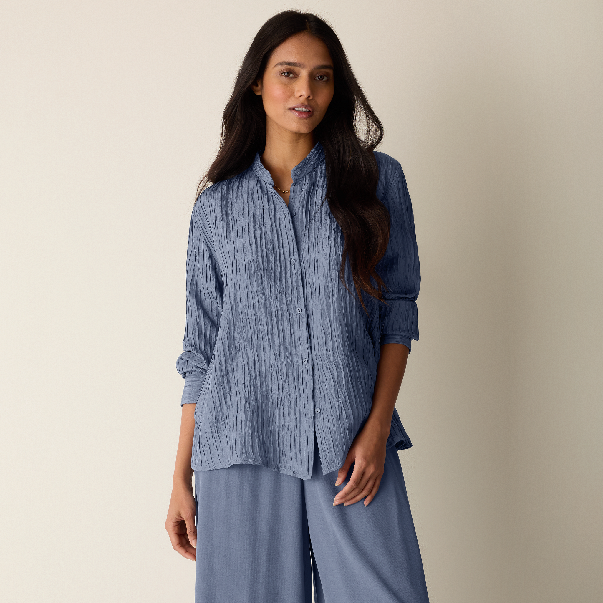 Textured Silk Jacquard Band Collar Shirt