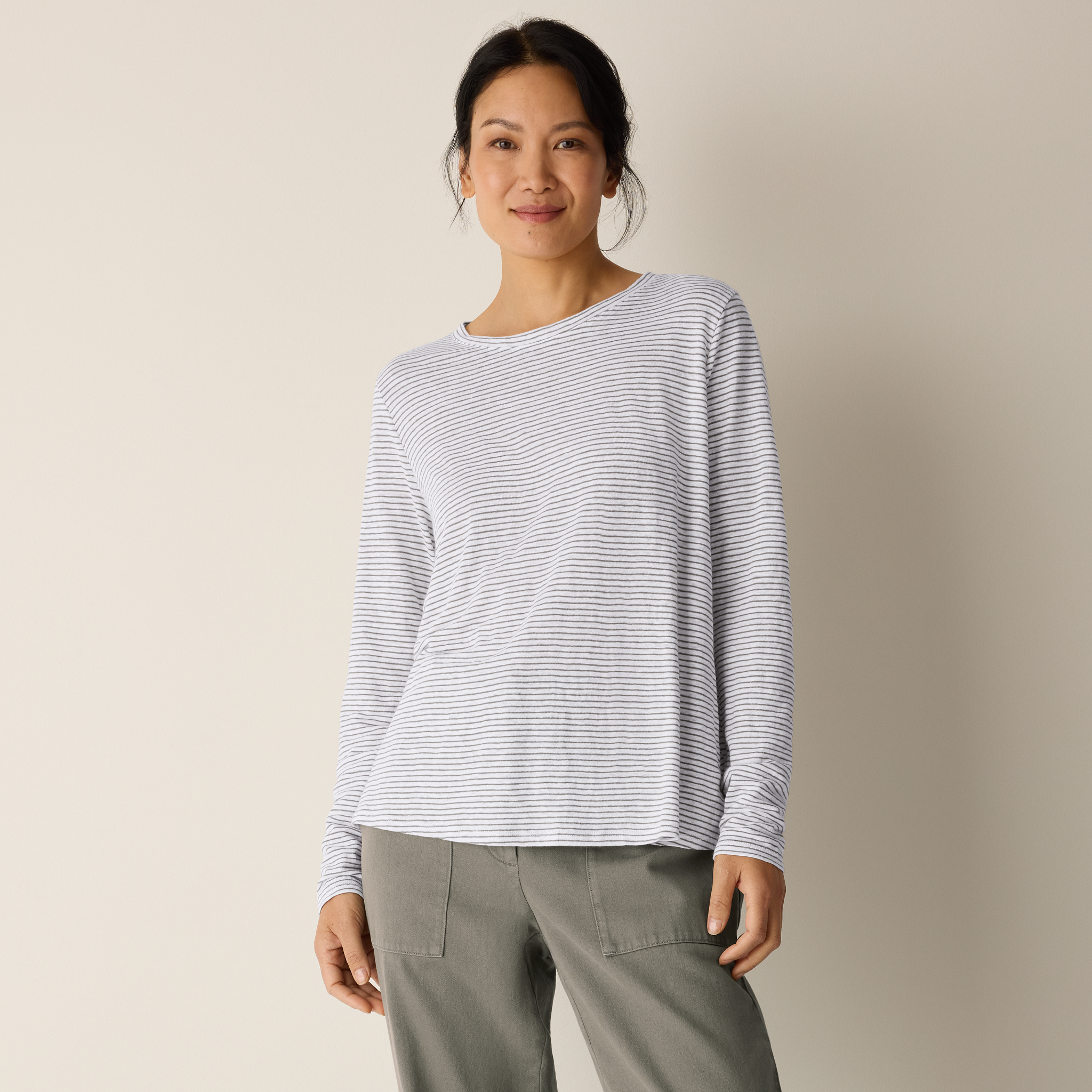 Striped Organic Linen Jersey Long-Sleeve Tee from EILEEN FISHER - $138